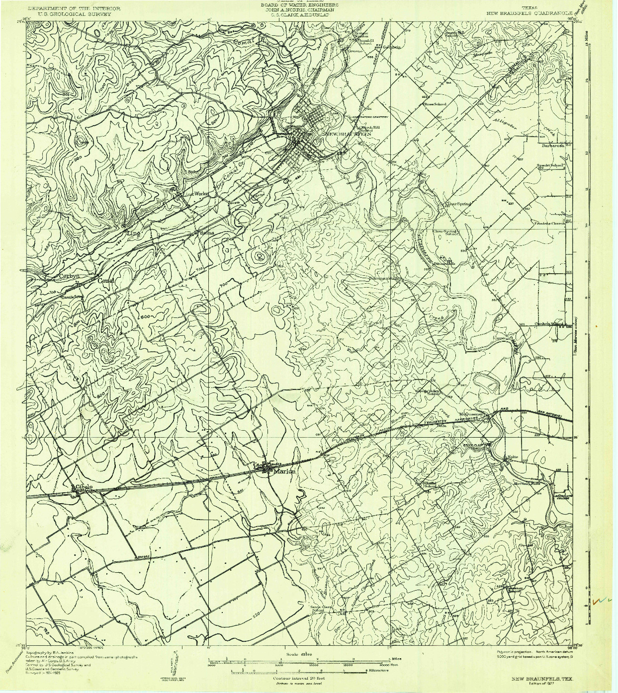 USGS 1:62500-SCALE QUADRANGLE FOR NEW BRAUNFELS, TX 1927