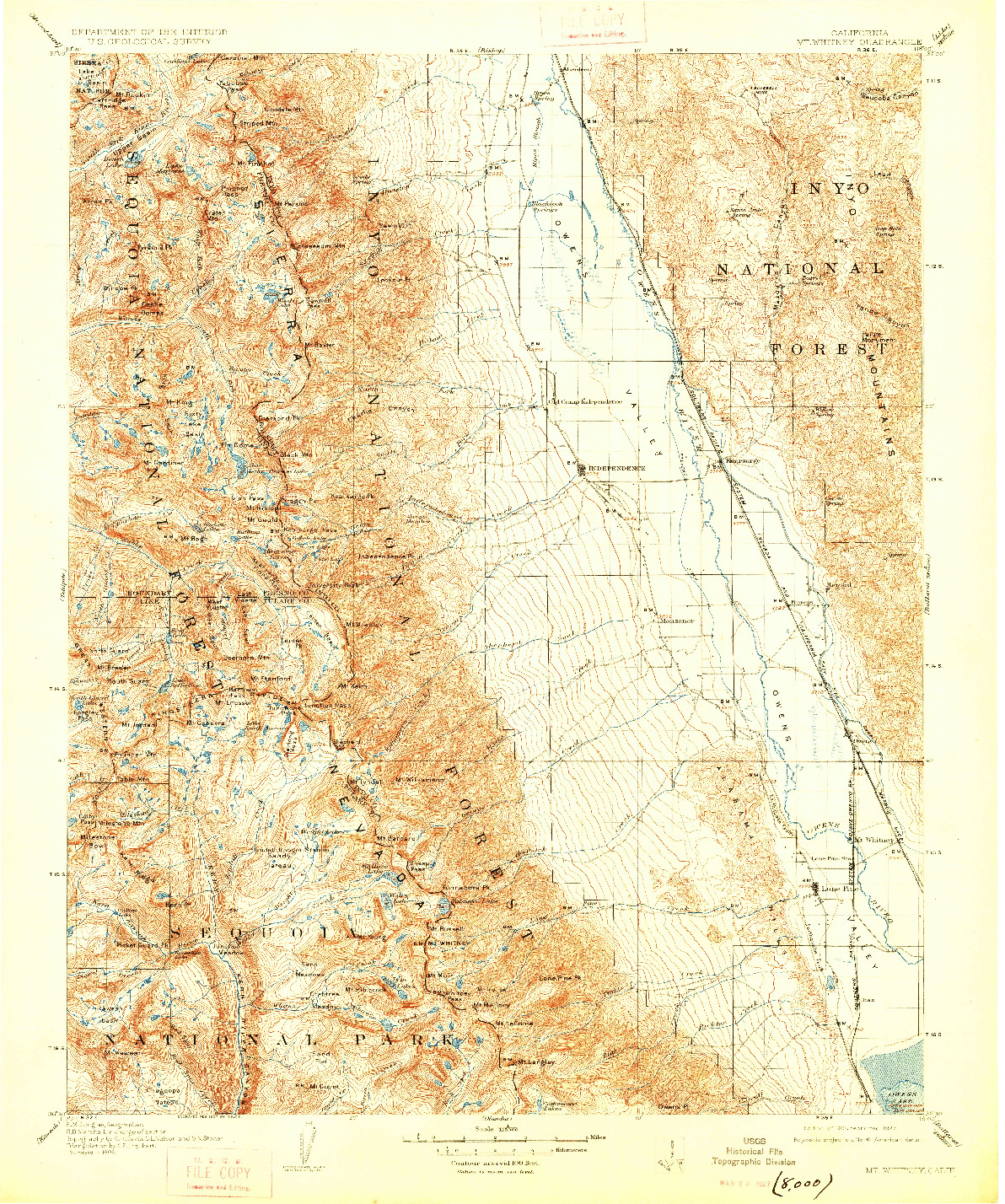 USGS 1:125000-SCALE QUADRANGLE FOR MT. WHITNEY, CA 1907