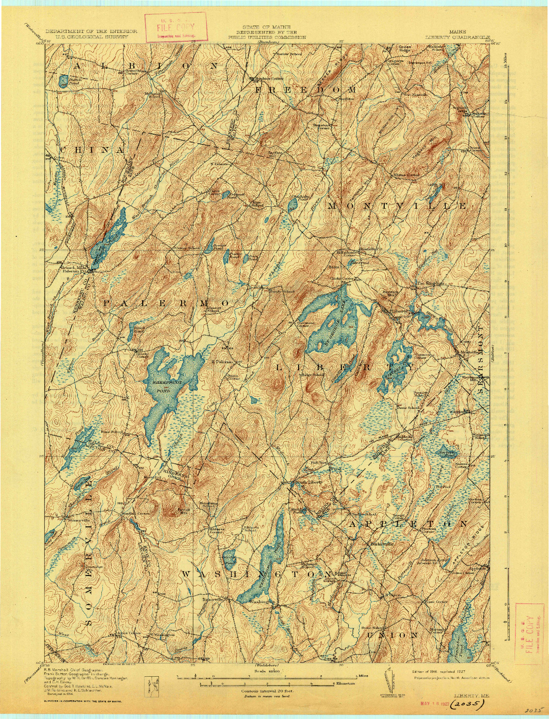 USGS 1:62500-SCALE QUADRANGLE FOR LIBERTY, ME 1916