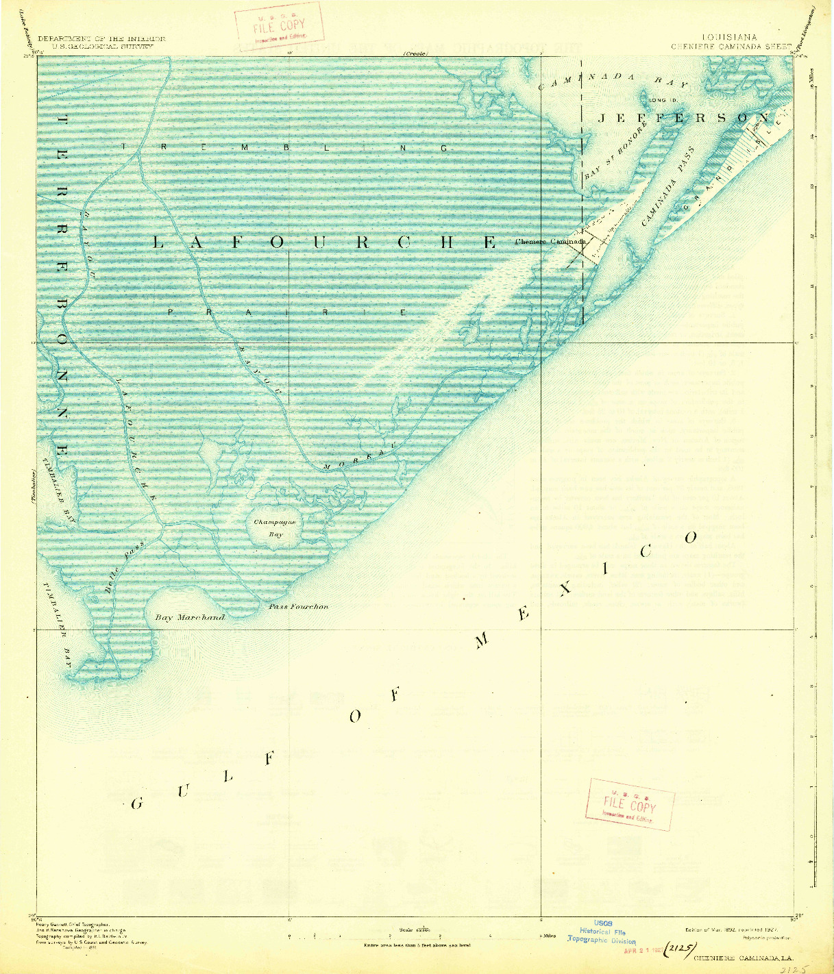 USGS 1:62500-SCALE QUADRANGLE FOR CHENIERE CAMINADA, LA 1892
