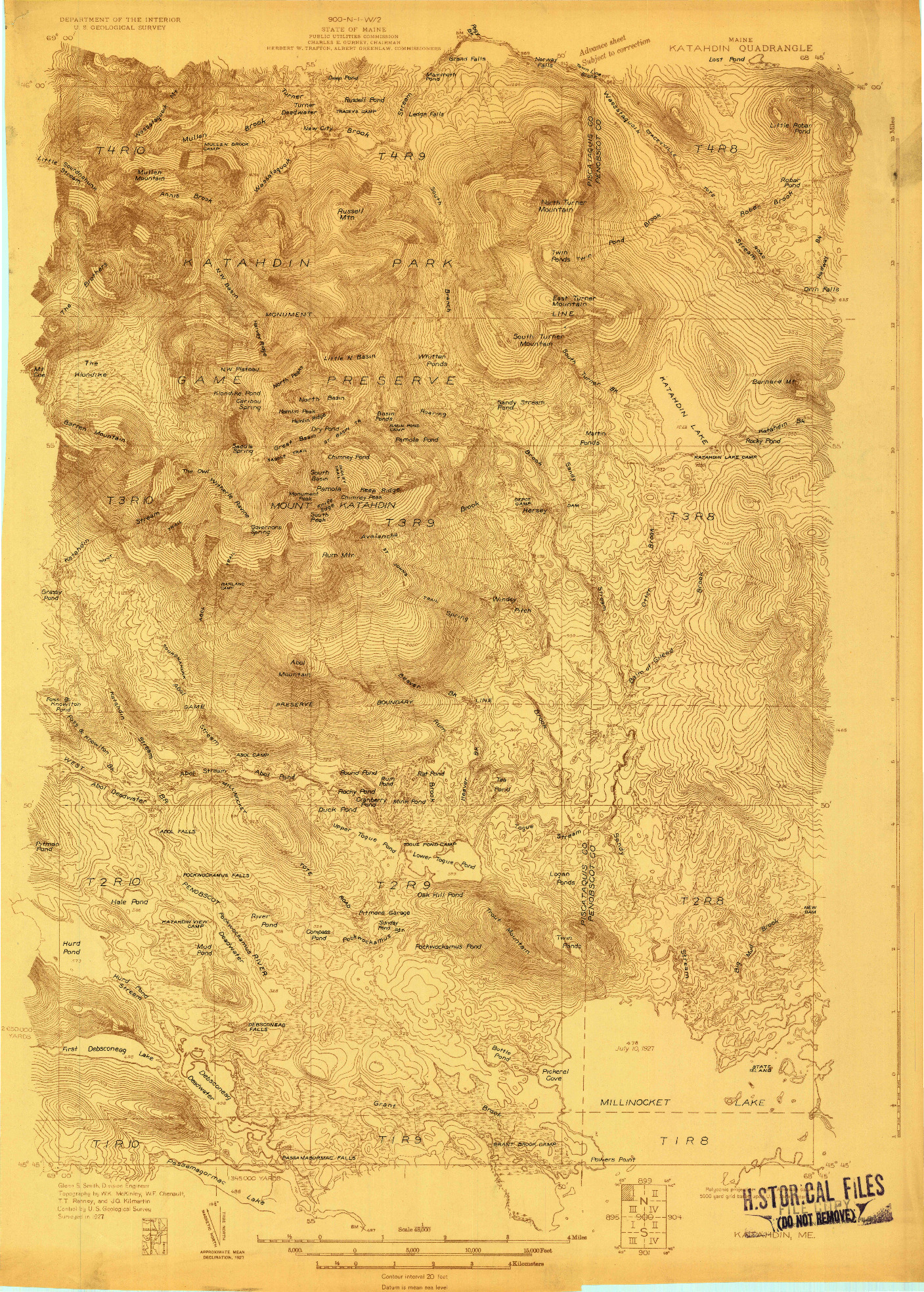 USGS 1:48000-SCALE QUADRANGLE FOR KATAHDIN, ME 1927