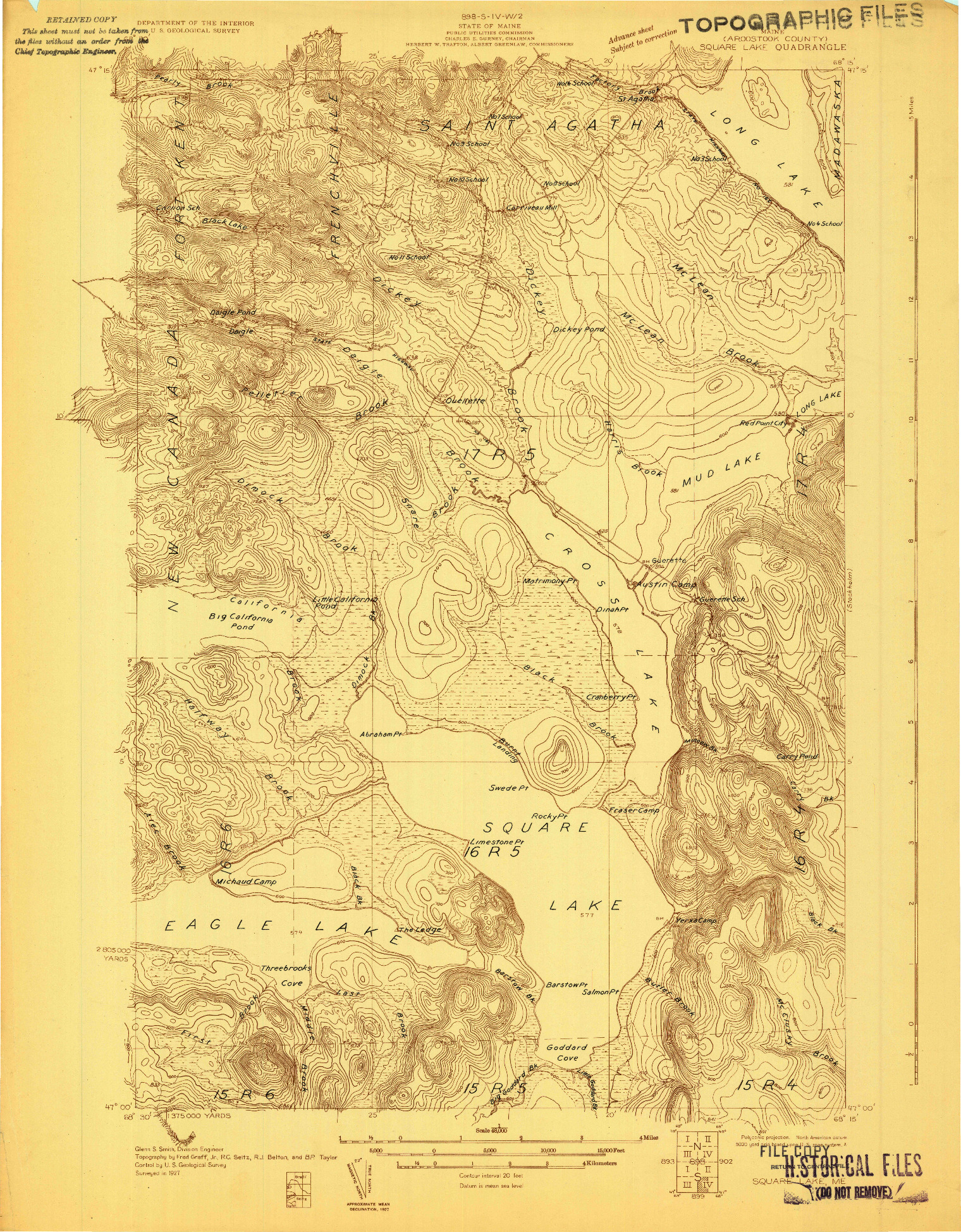 USGS 1:48000-SCALE QUADRANGLE FOR SQUARE LAKE, ME 1927