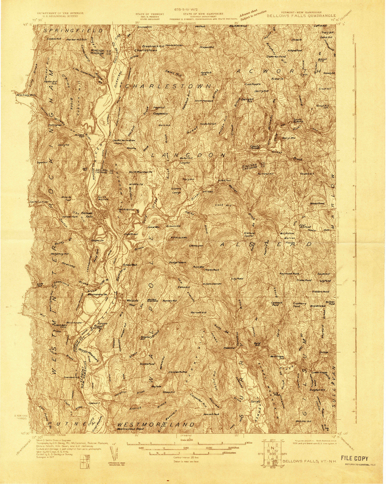 USGS 1:48000-SCALE QUADRANGLE FOR BELLOWS FALLS, VT 1927