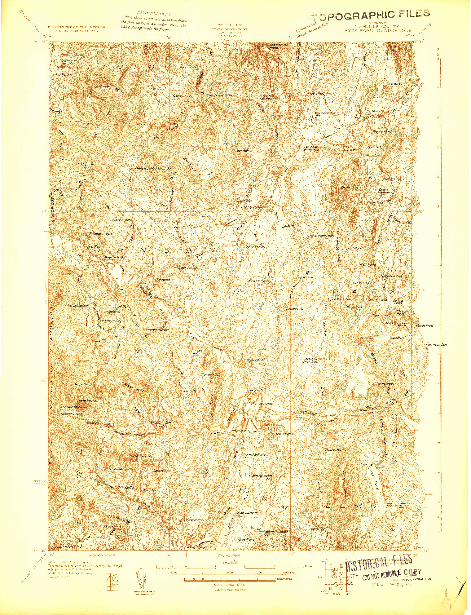 USGS 1:48000-SCALE QUADRANGLE FOR HYDE PARK, VT 1927