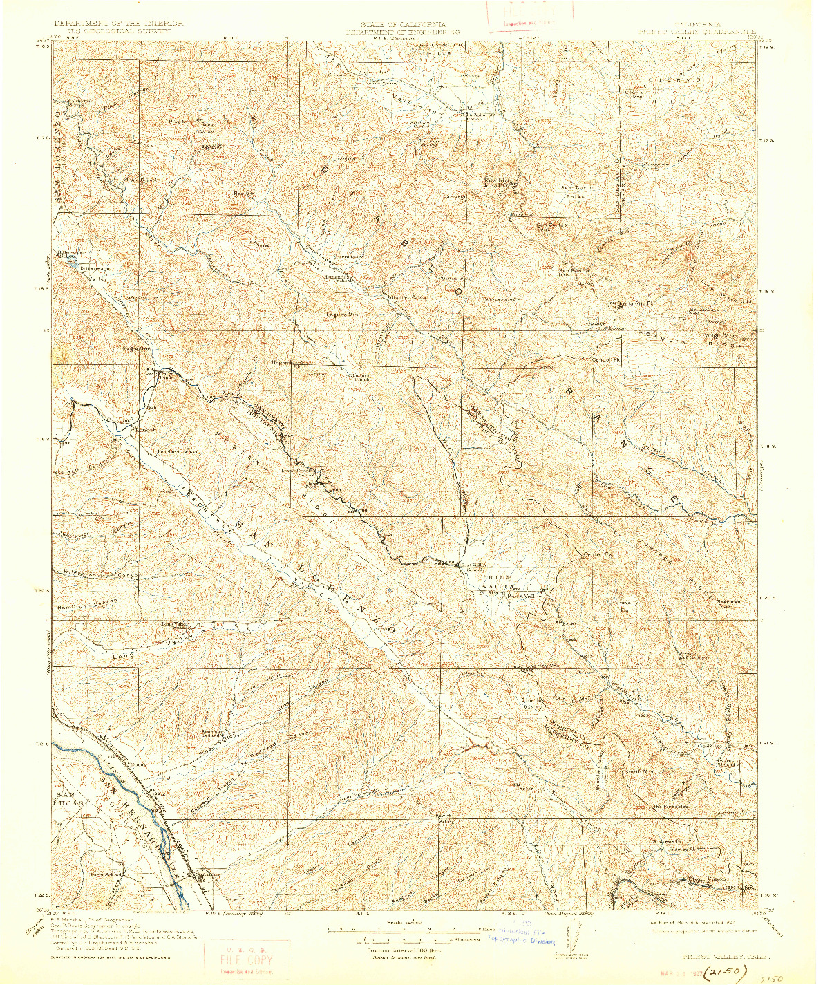 USGS 1:125000-SCALE QUADRANGLE FOR PRIEST VALLEY, CA 1915