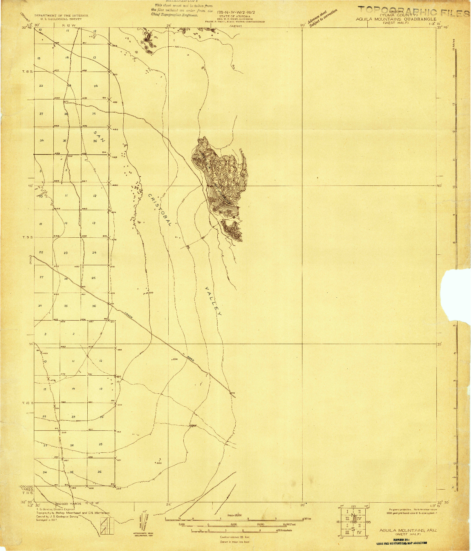 USGS 1:48000-SCALE QUADRANGLE FOR AGUILA MOUNTAINS, AZ 1927