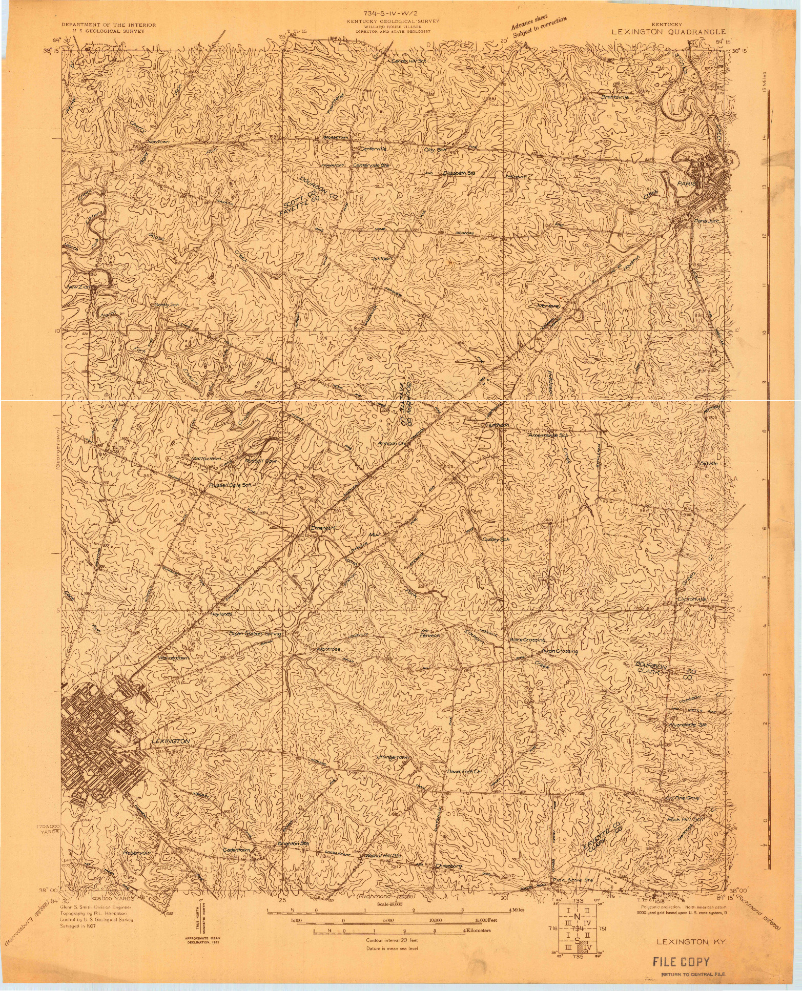 USGS 1:48000-SCALE QUADRANGLE FOR LEXINGTON, KY 1927
