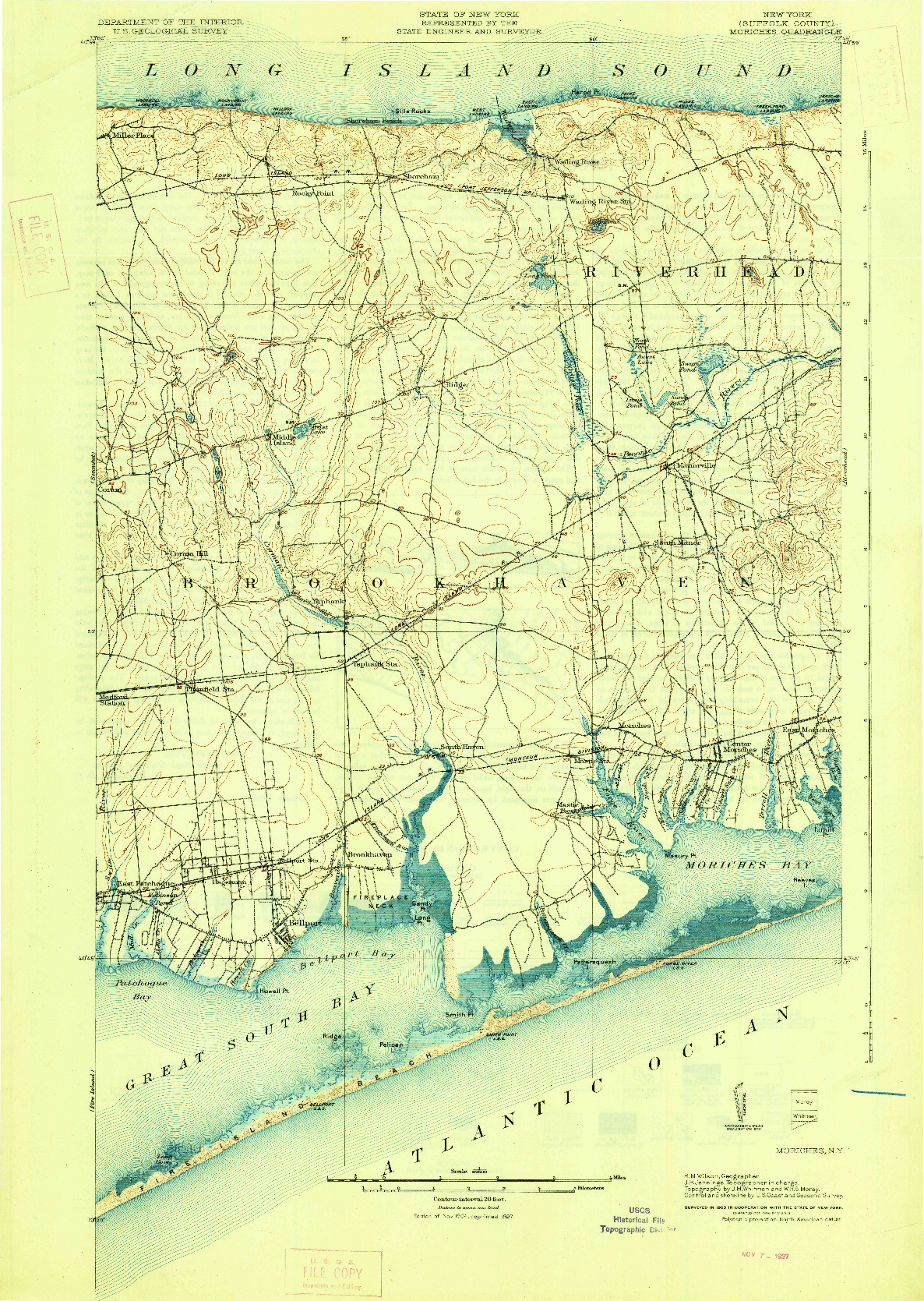 USGS 1:62500-SCALE QUADRANGLE FOR MORICHES, NY 1904