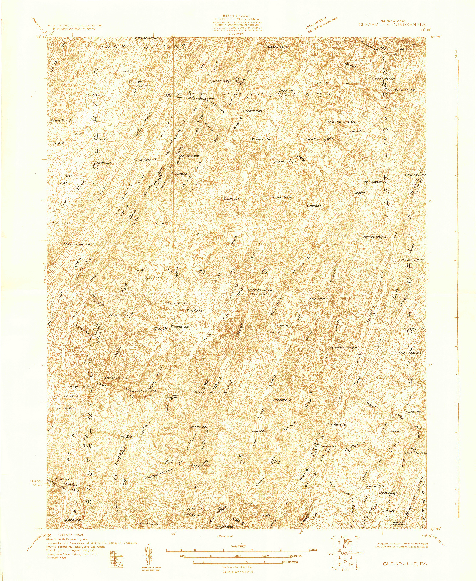 USGS 1:48000-SCALE QUADRANGLE FOR CLEARVILLE, PA 1927