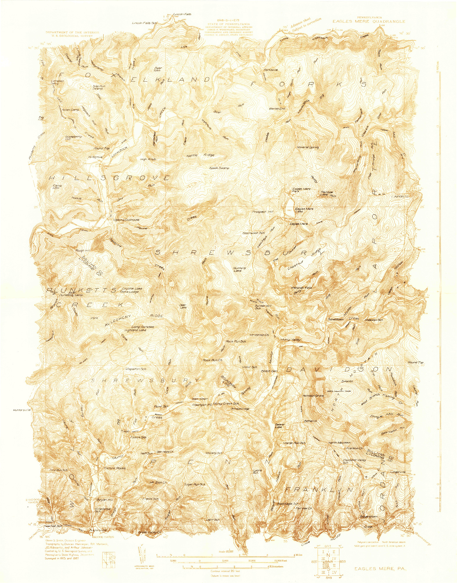 USGS 1:48000-SCALE QUADRANGLE FOR EAGLES MERE, PA 1927