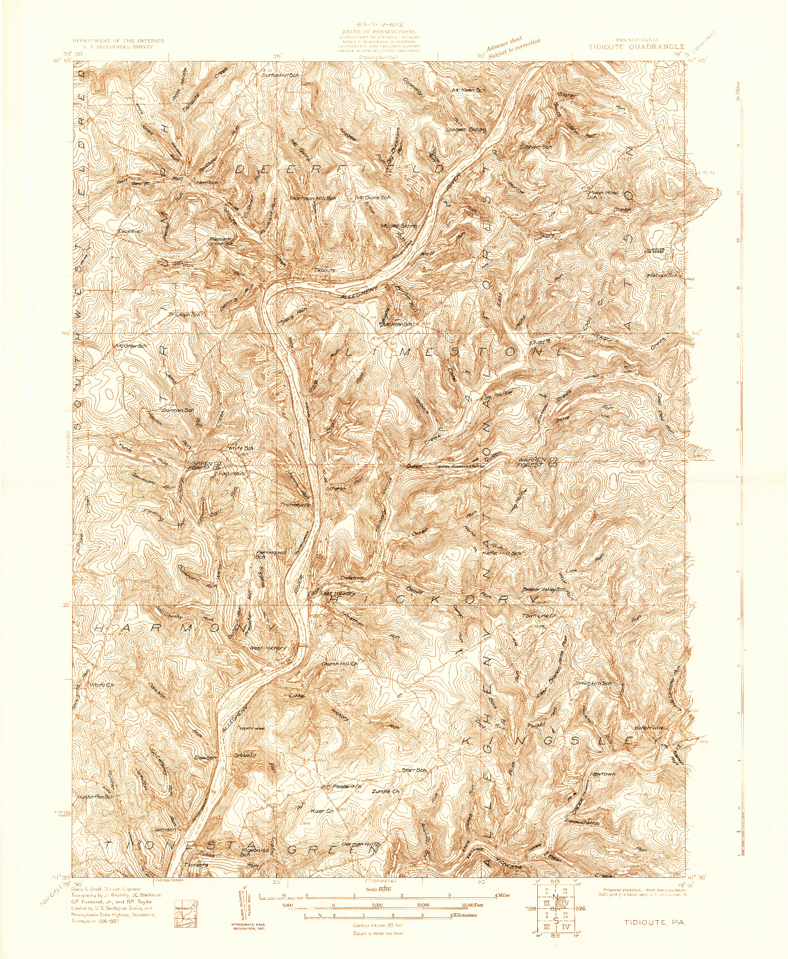 USGS 1:48000-SCALE QUADRANGLE FOR TIDIOUTE, PA 1927