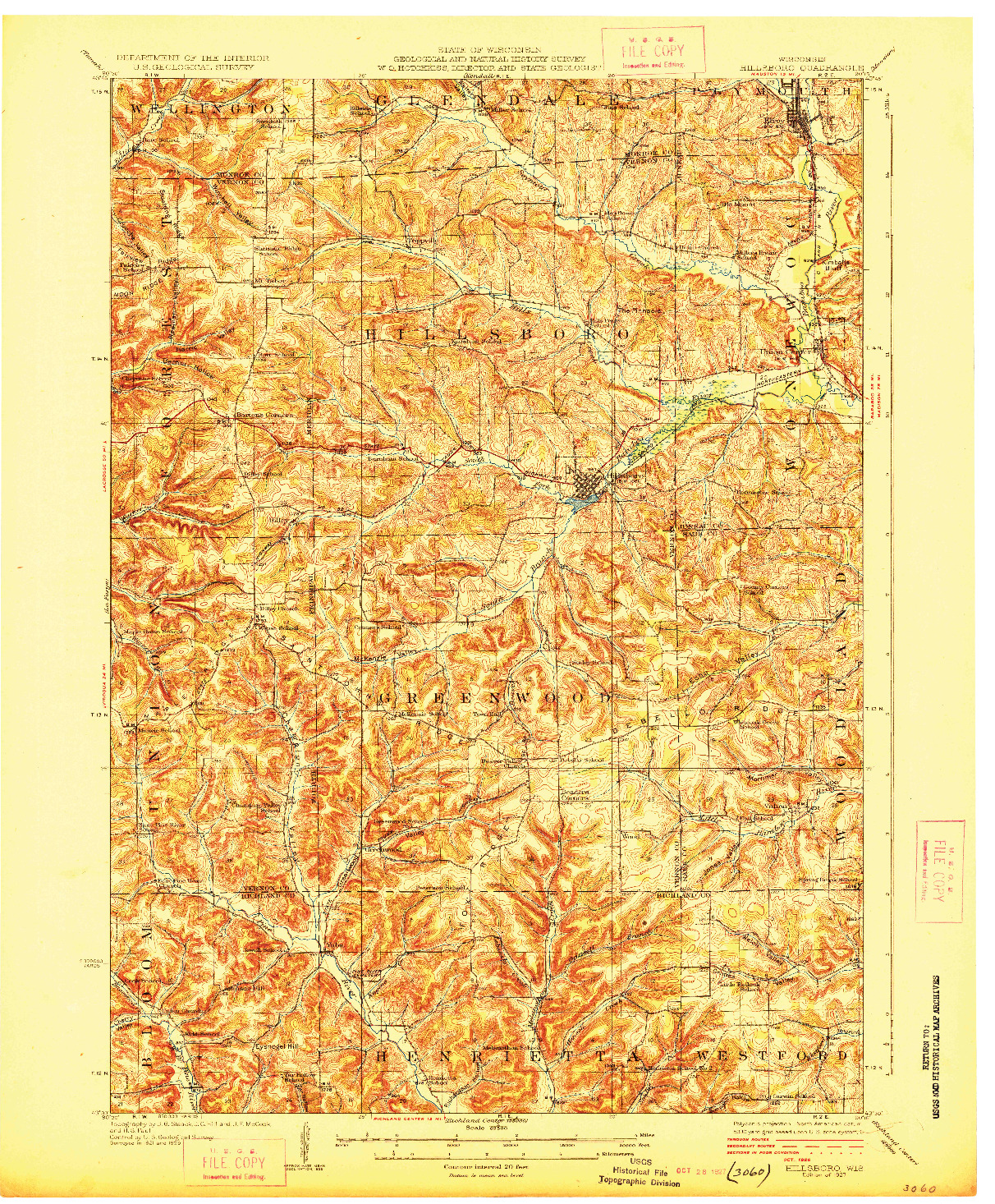 USGS 1:62500-SCALE QUADRANGLE FOR HILLSBORO, WI 1927