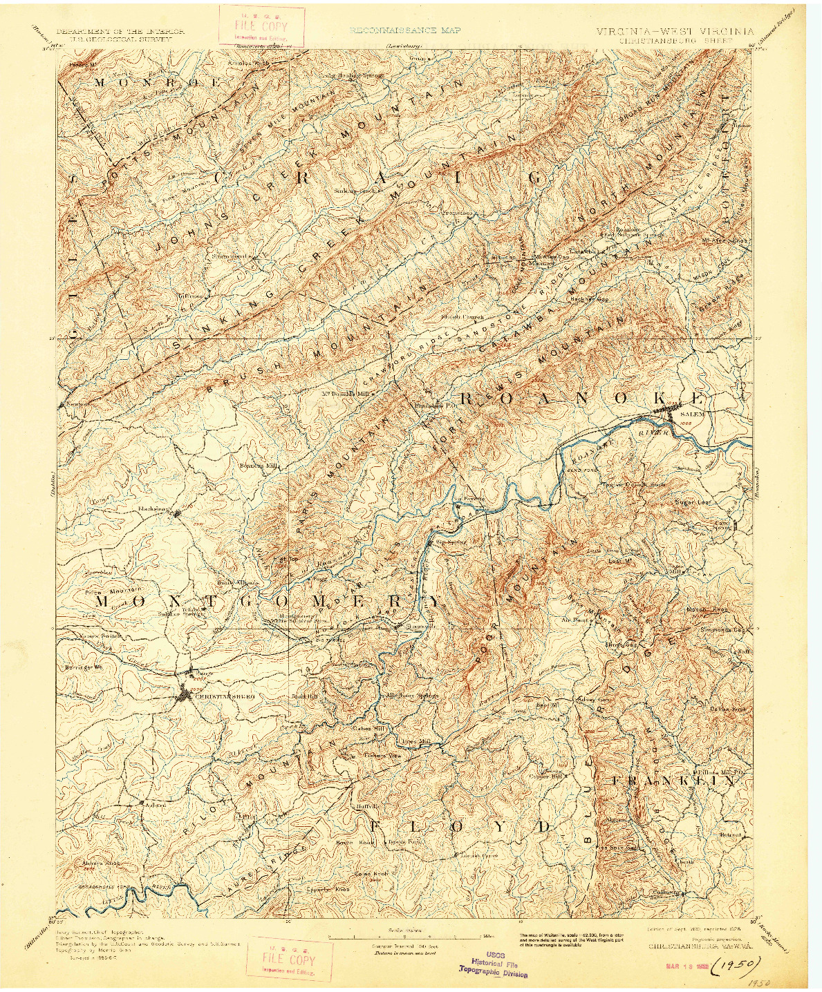 USGS 1:125000-SCALE QUADRANGLE FOR CHRISTIANSBURG, VA 1890