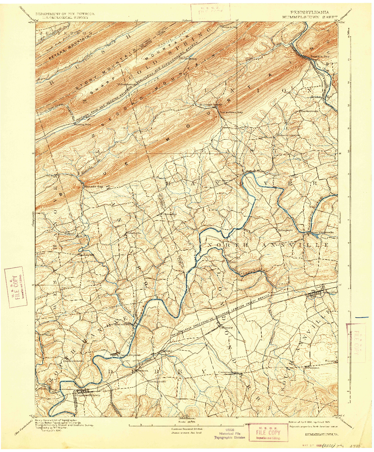 USGS 1:62500-SCALE QUADRANGLE FOR HUMMELSTOWN, PA 1892