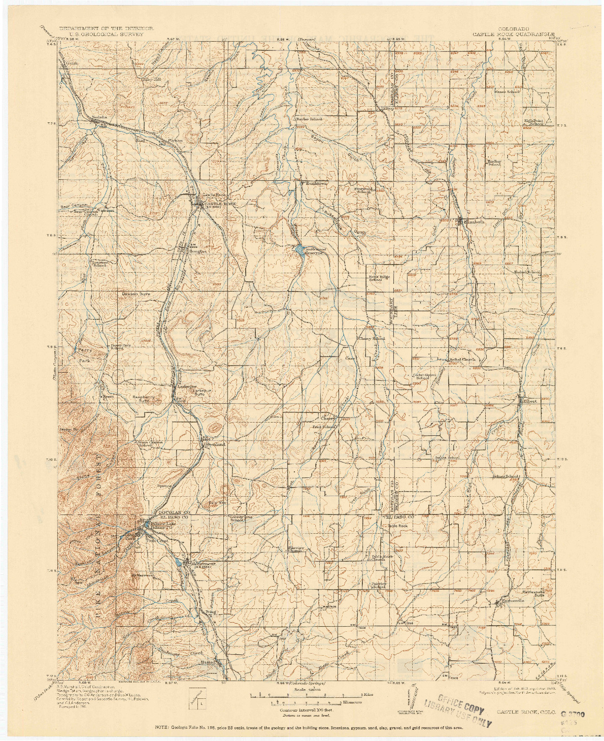 USGS 1:125000-SCALE QUADRANGLE FOR CASTLE ROCK, CO 1913