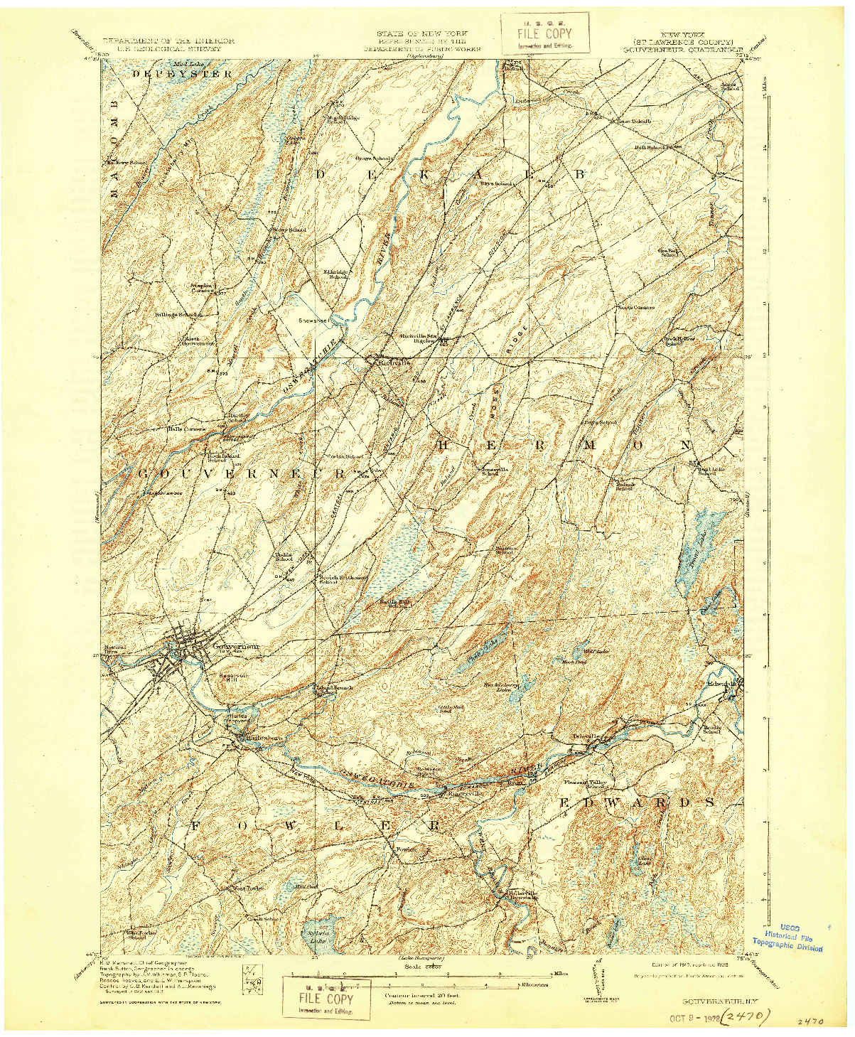 USGS 1:62500-SCALE QUADRANGLE FOR GOUVERNEUR, NY 1915