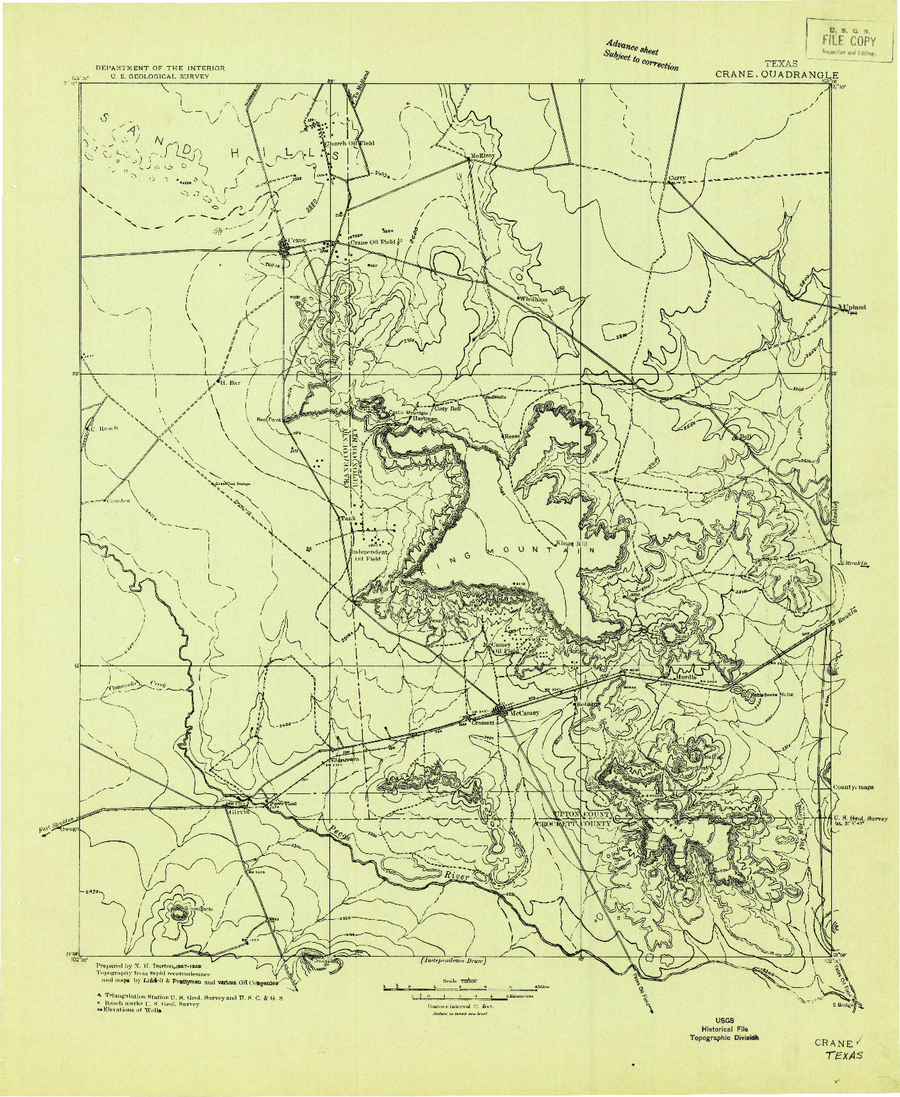 USGS 1:125000-SCALE QUADRANGLE FOR CRANE, TX 1928