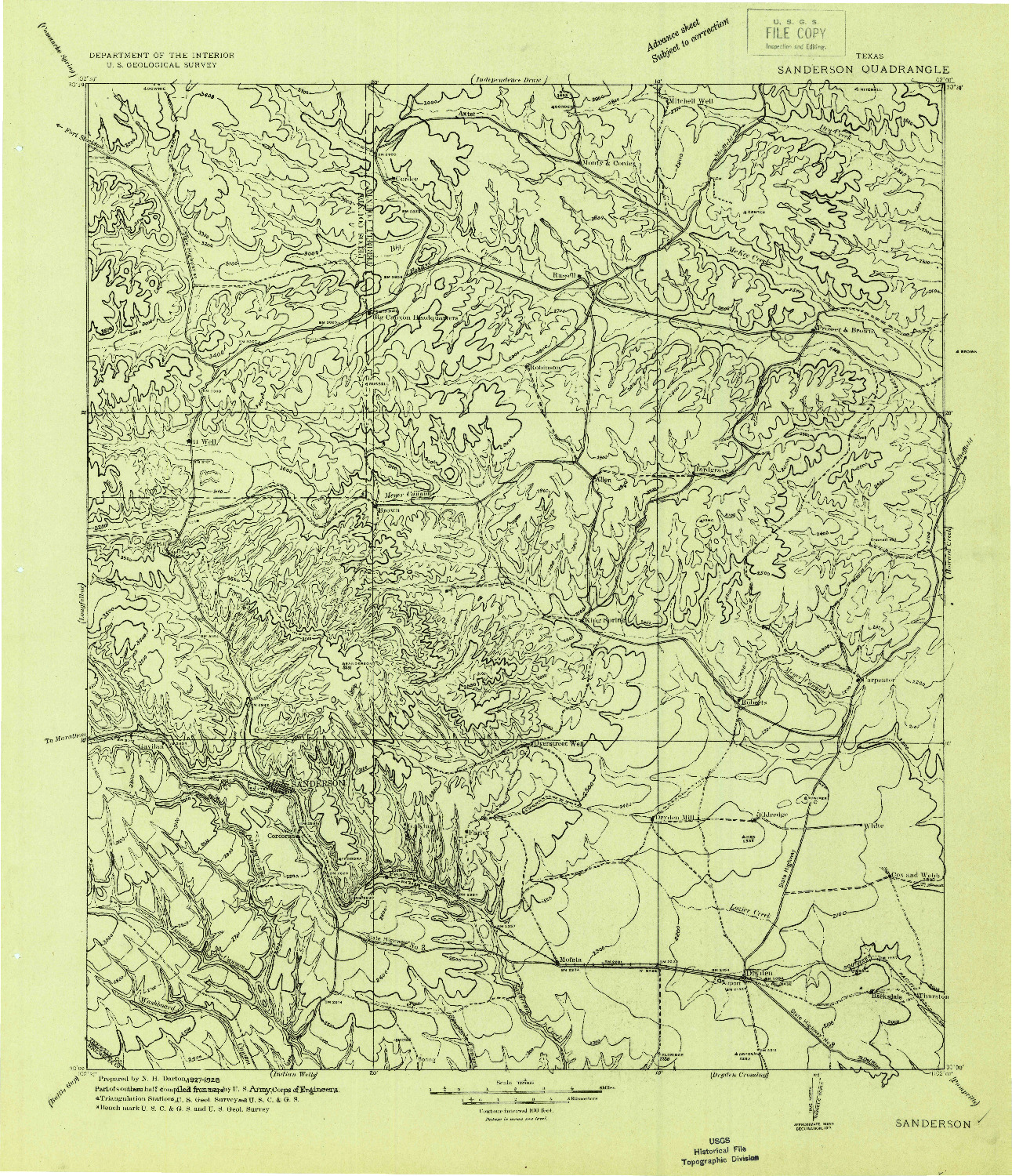 USGS 1:125000-SCALE QUADRANGLE FOR SANDERSON, TX 1928