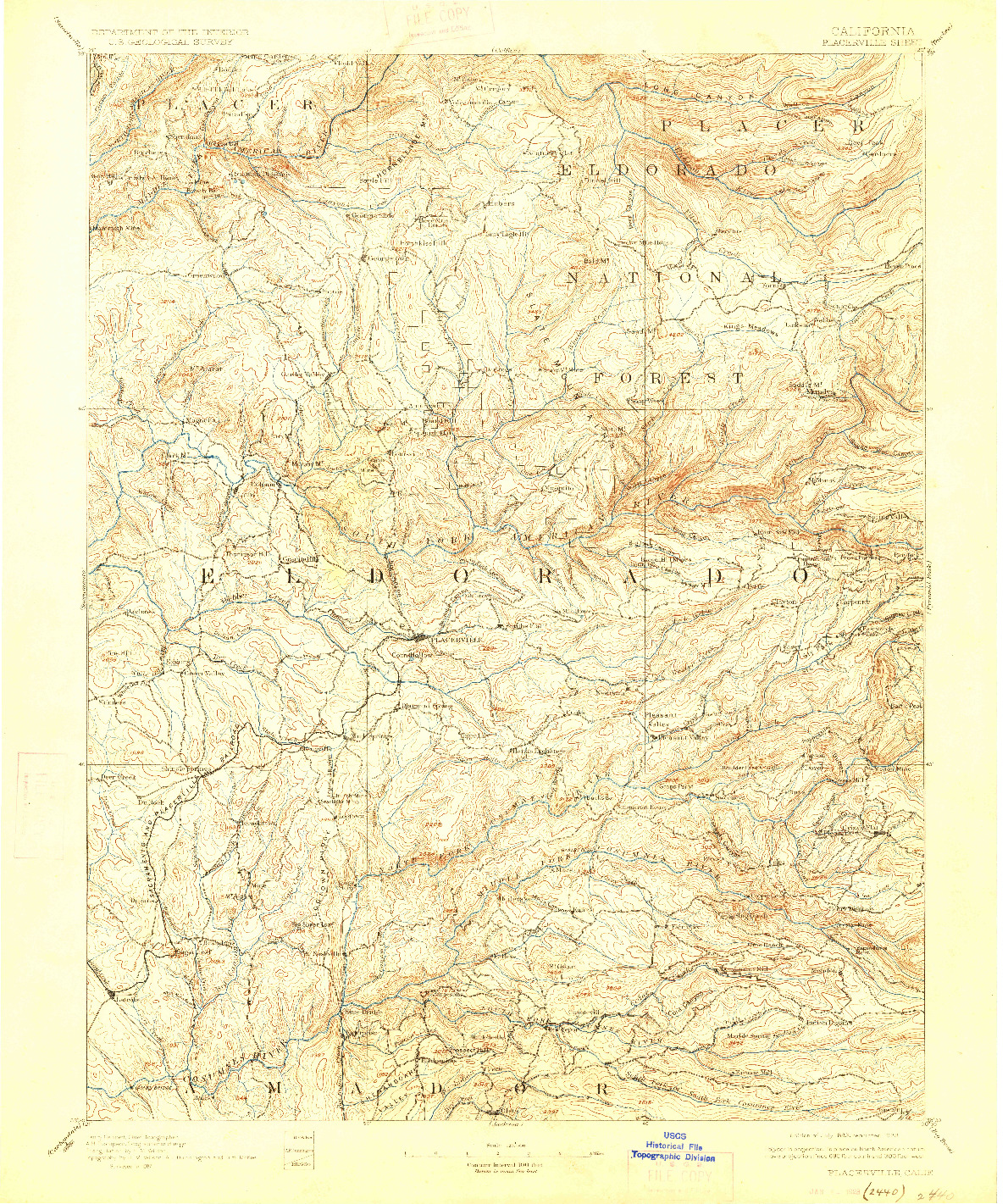 USGS 1:125000-SCALE QUADRANGLE FOR PLACERVILLE, CA 1893