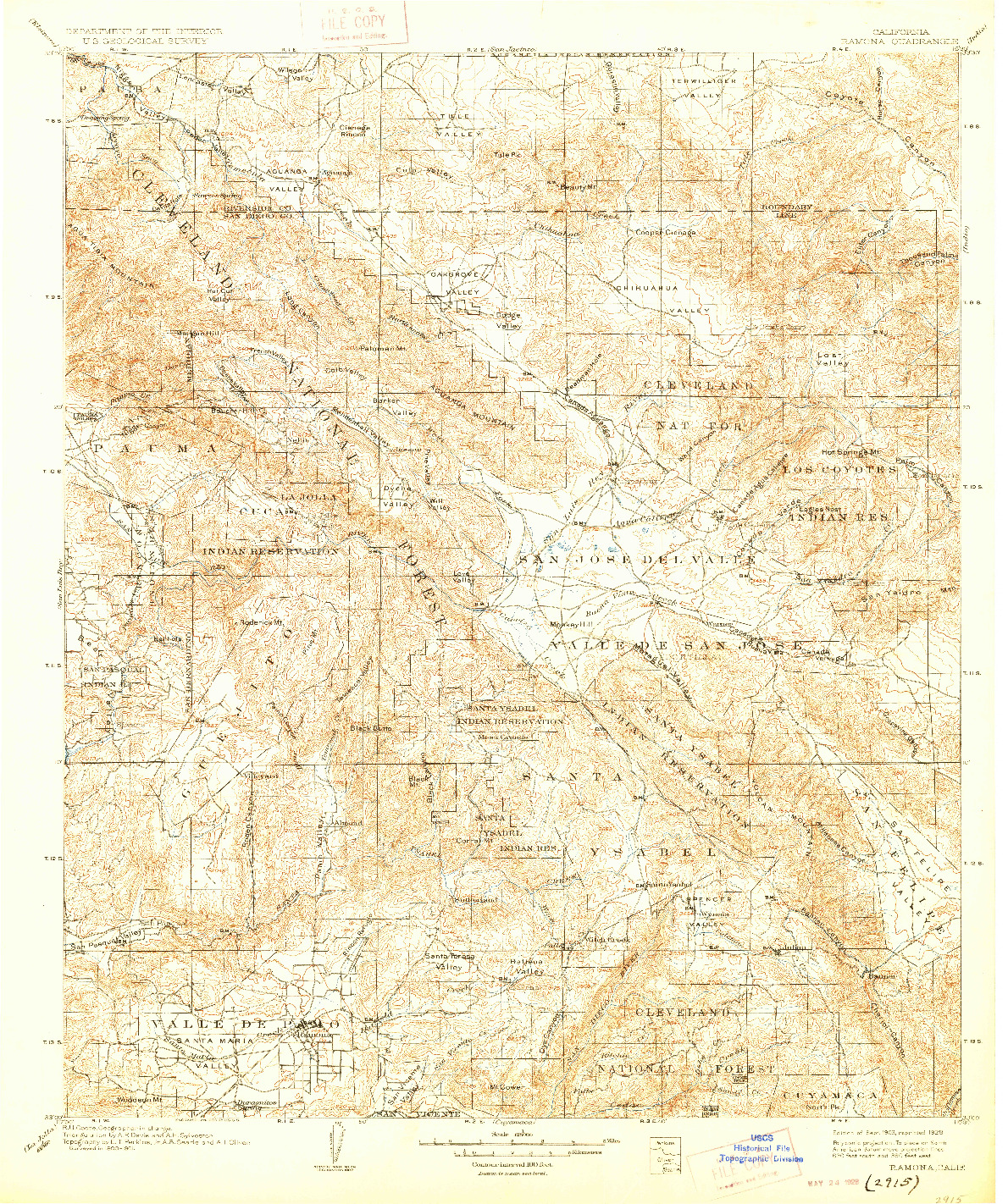 USGS 1:125000-SCALE QUADRANGLE FOR RAMONA, CA 1903