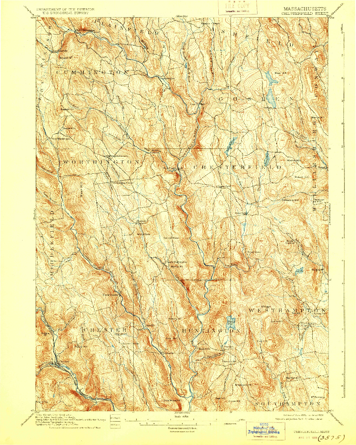 USGS 1:62500-SCALE QUADRANGLE FOR CHESTERFIELD, MA 1895