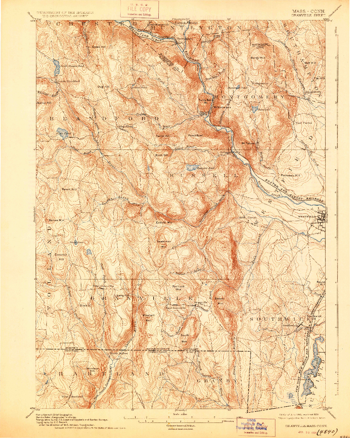 USGS 1:62500-SCALE QUADRANGLE FOR GRANVILLE, MA 1895