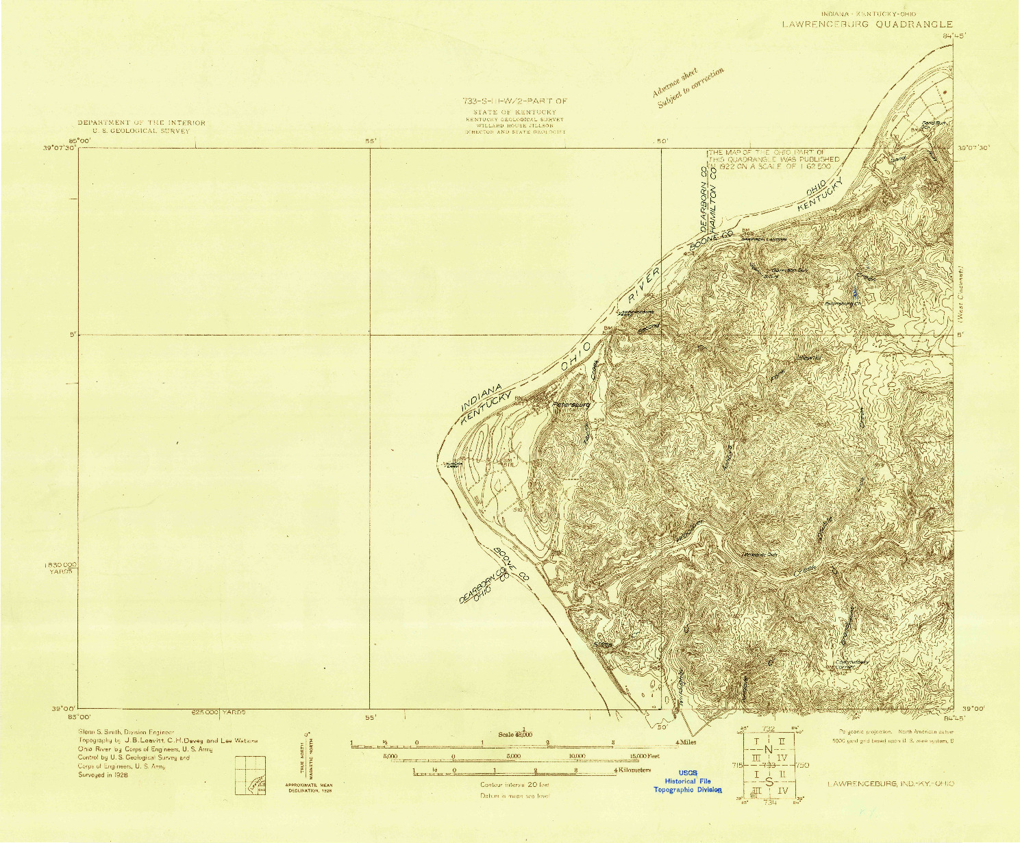 USGS 1:48000-SCALE QUADRANGLE FOR LAWRENCEBURG, IN 1928