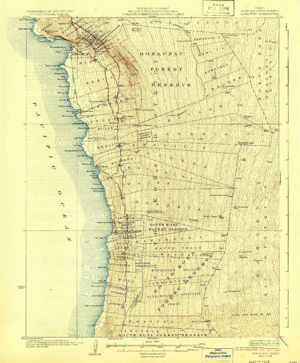 USGS 1:62500-SCALE QUADRANGLE FOR HONAUNAU, HI 1928