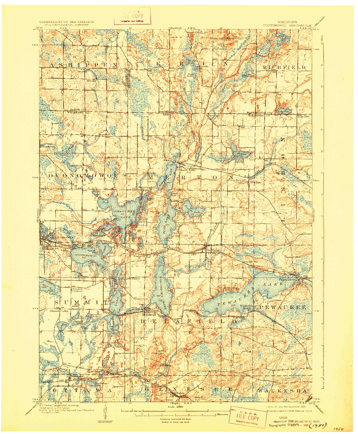 USGS 1:62500-SCALE QUADRANGLE FOR OCONOMOWOC, WI 1909