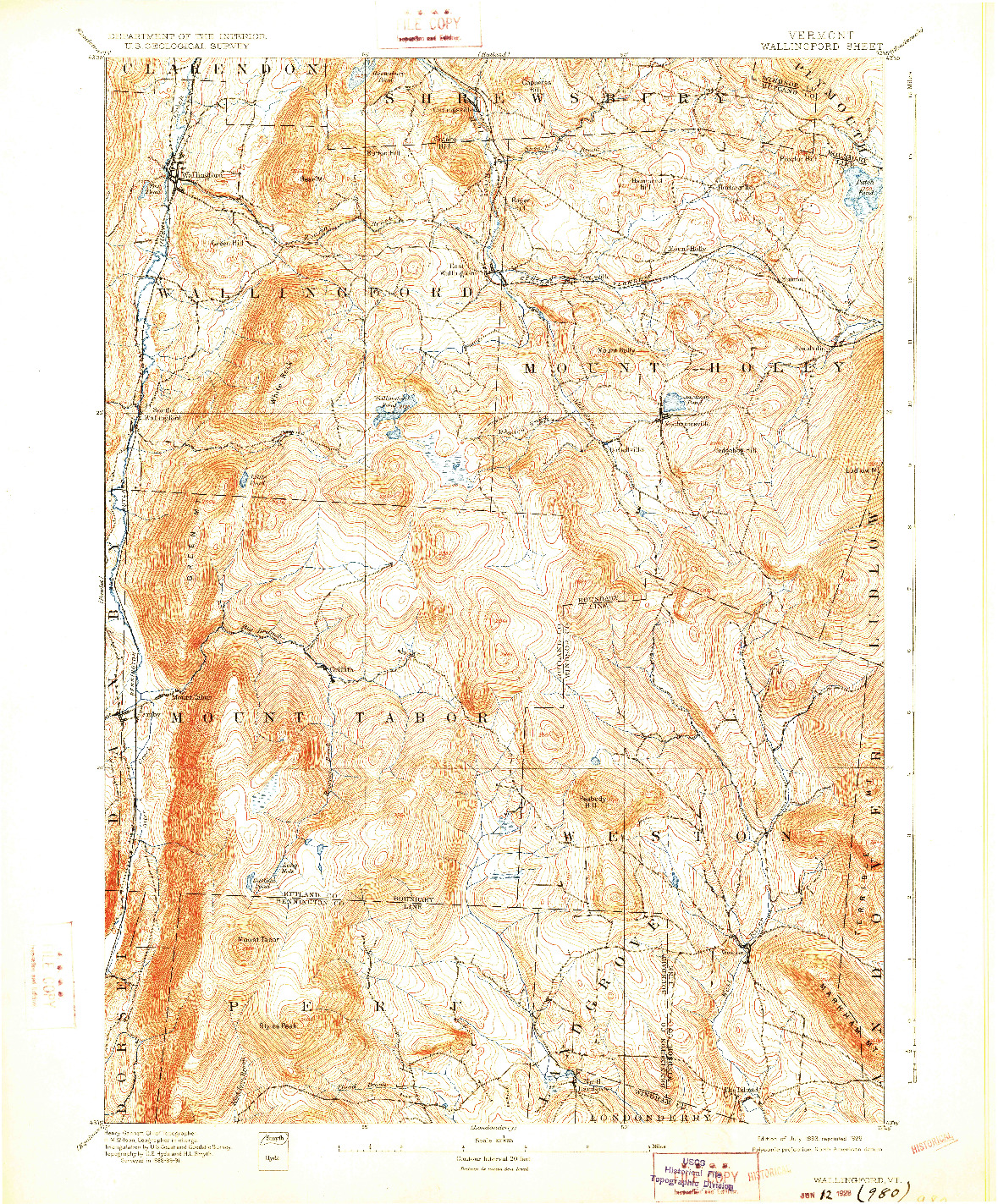 USGS 1:62500-SCALE QUADRANGLE FOR WALLINGFORD, VT 1893