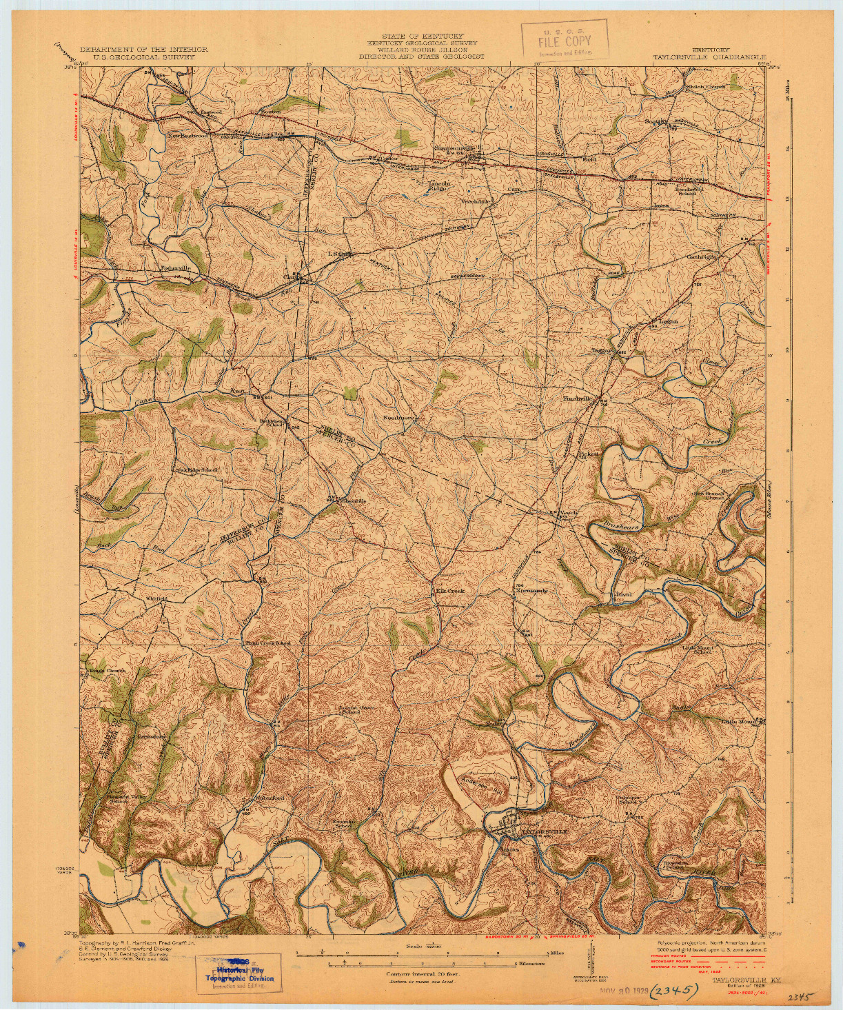 USGS 1:62500-SCALE QUADRANGLE FOR TAYLORSVILLE, KY 1929