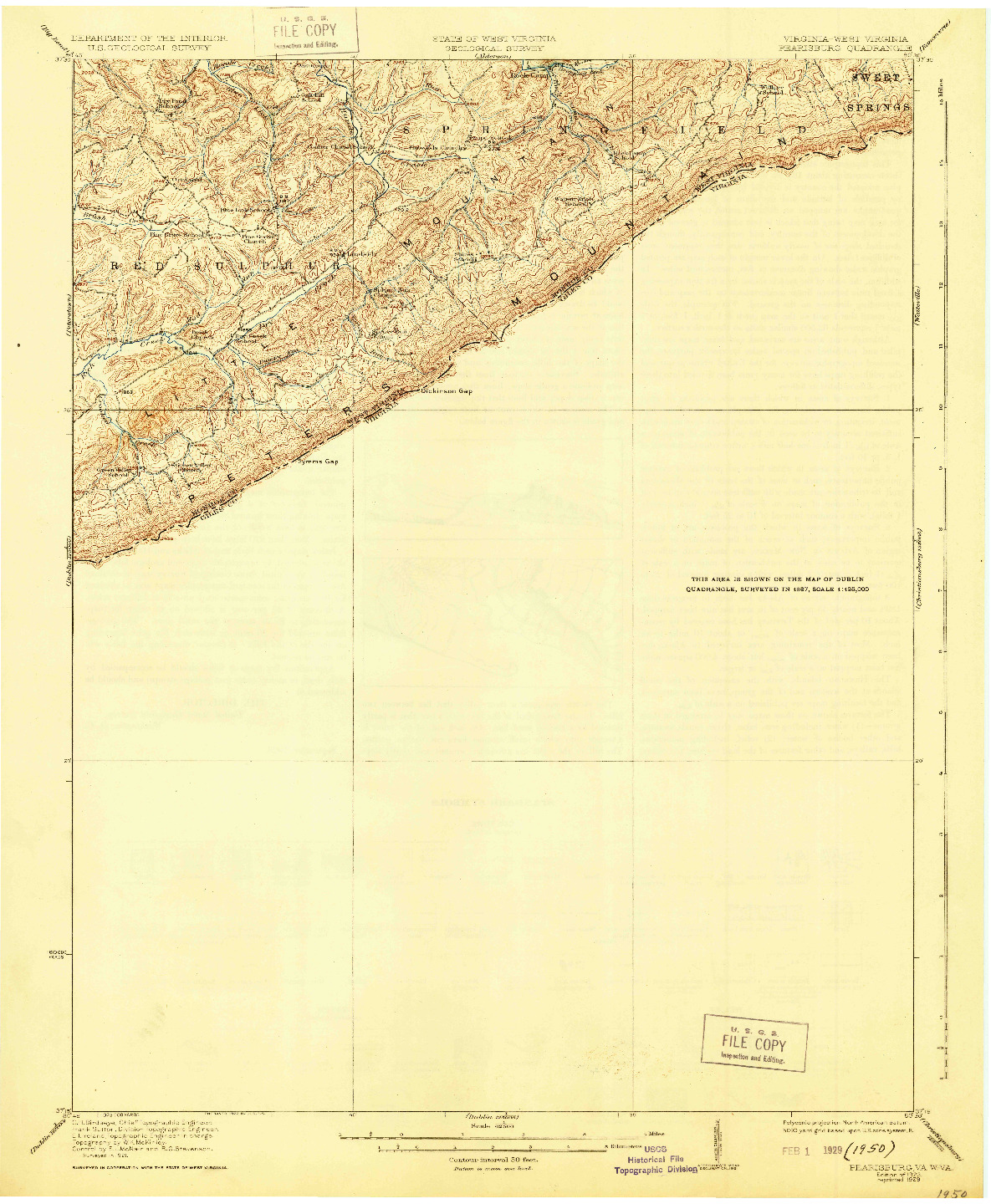 USGS 1:62500-SCALE QUADRANGLE FOR PEARISBURG, VA 1923