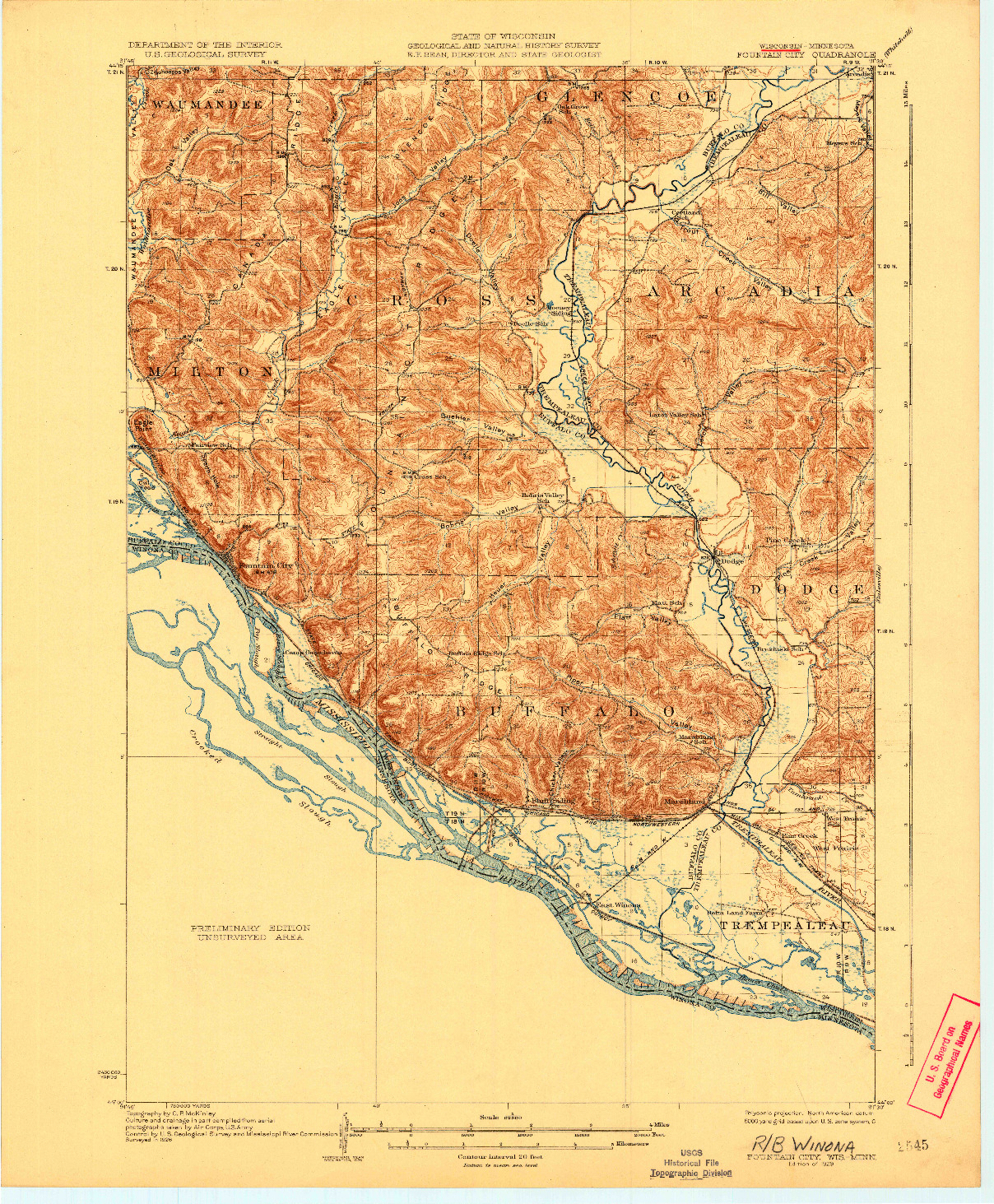 USGS 1:62500-SCALE QUADRANGLE FOR FOUNTAIN CITY, WI 1929