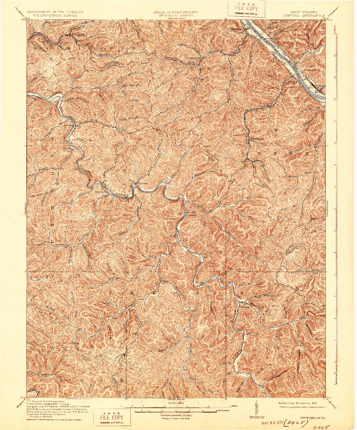 USGS 1:62500-SCALE QUADRANGLE FOR PEYTONA, WV 1911