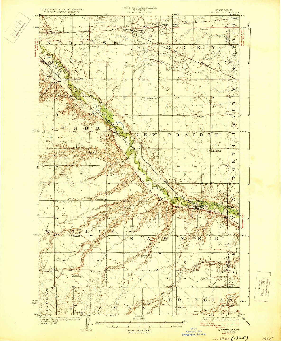 USGS 1:62500-SCALE QUADRANGLE FOR SAWYER, ND 1929