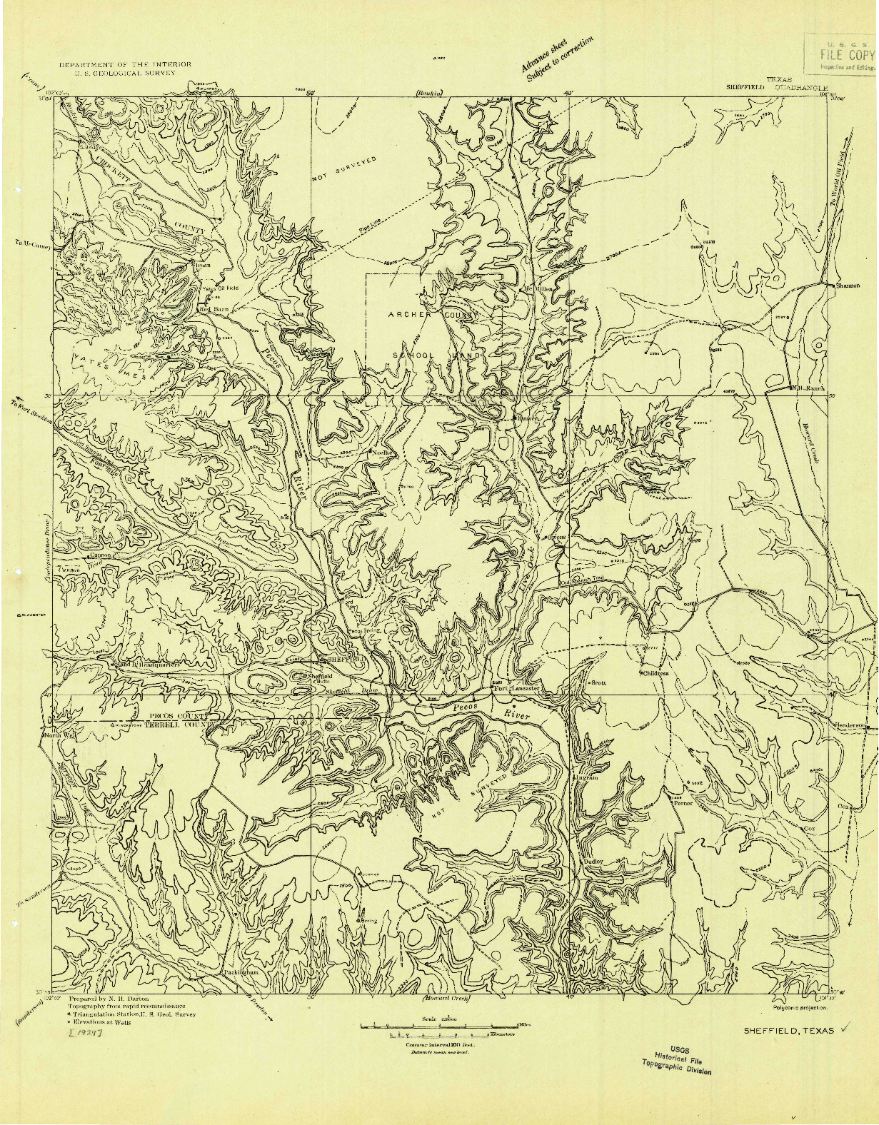 USGS 1:125000-SCALE QUADRANGLE FOR SHEFFIELD, TX 1929