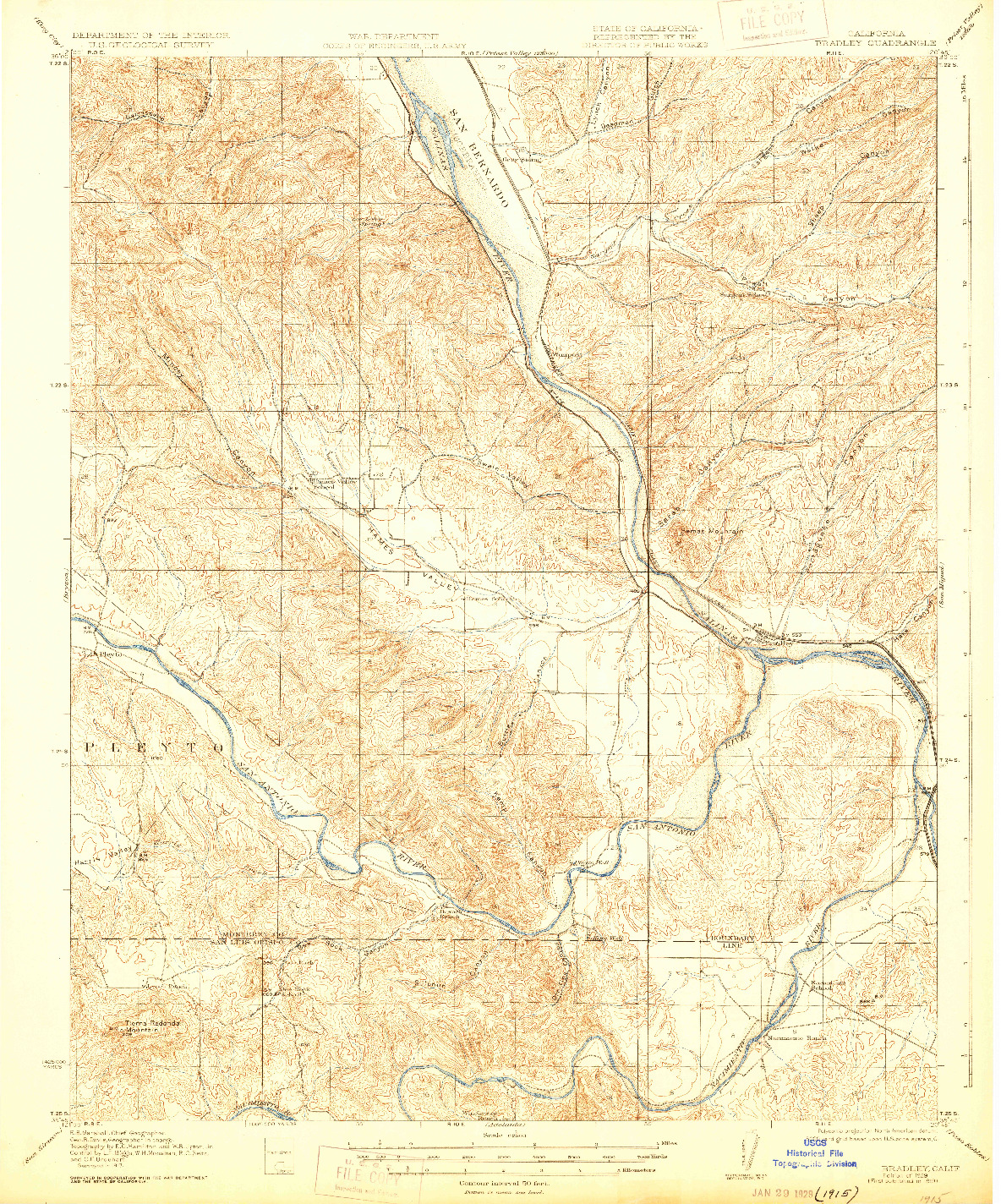 USGS 1:62500-SCALE QUADRANGLE FOR BRADLEY, CA 1919