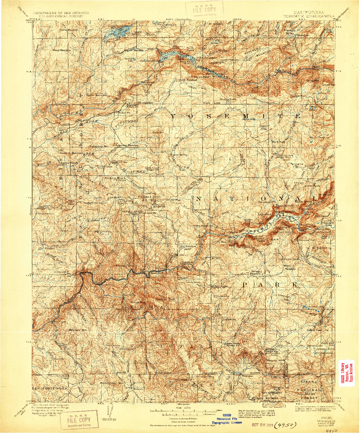 USGS 1:125000-SCALE QUADRANGLE FOR YOSEMITE, CA 1909