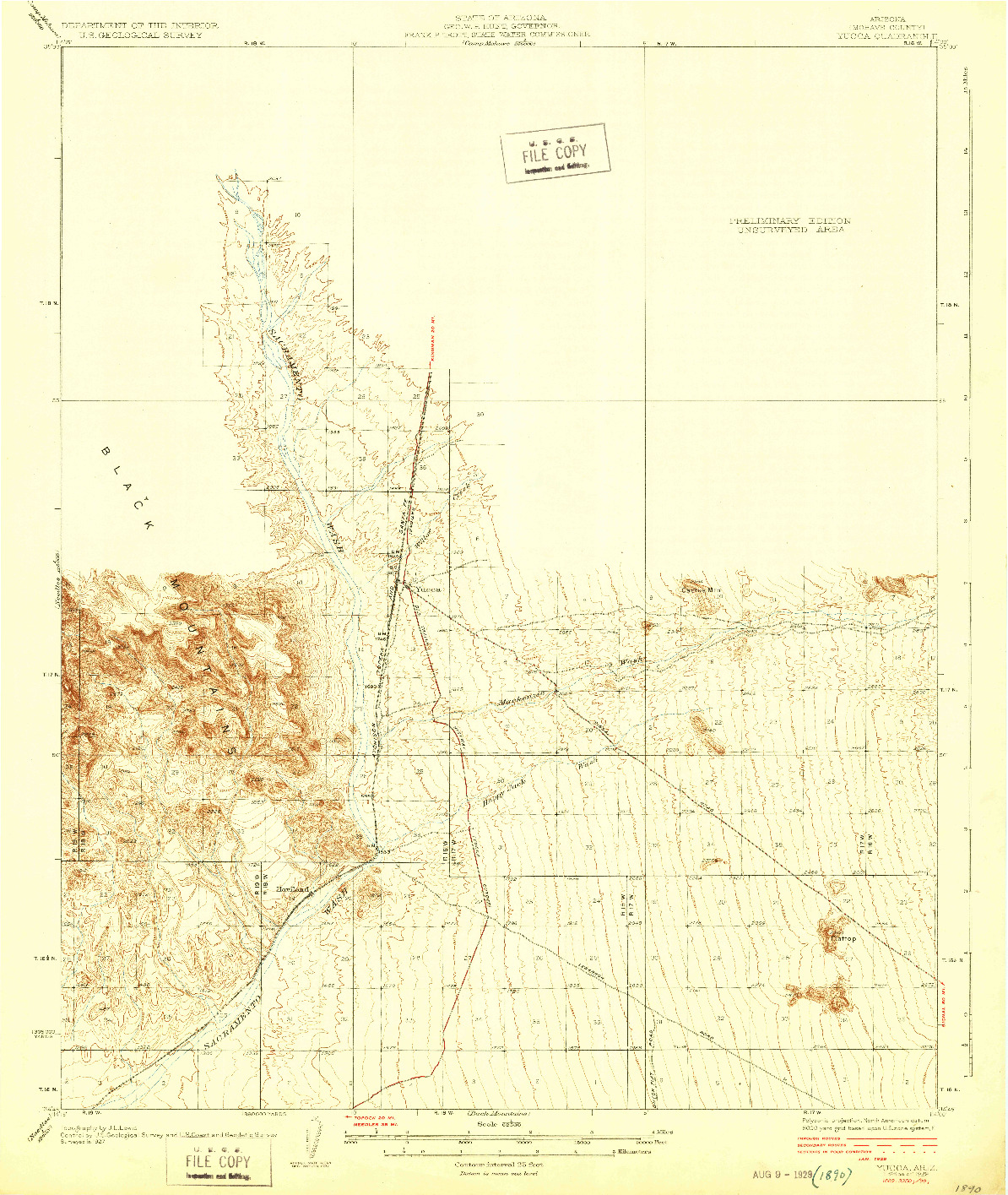 USGS 1:62500-SCALE QUADRANGLE FOR YUCCA, AZ 1929