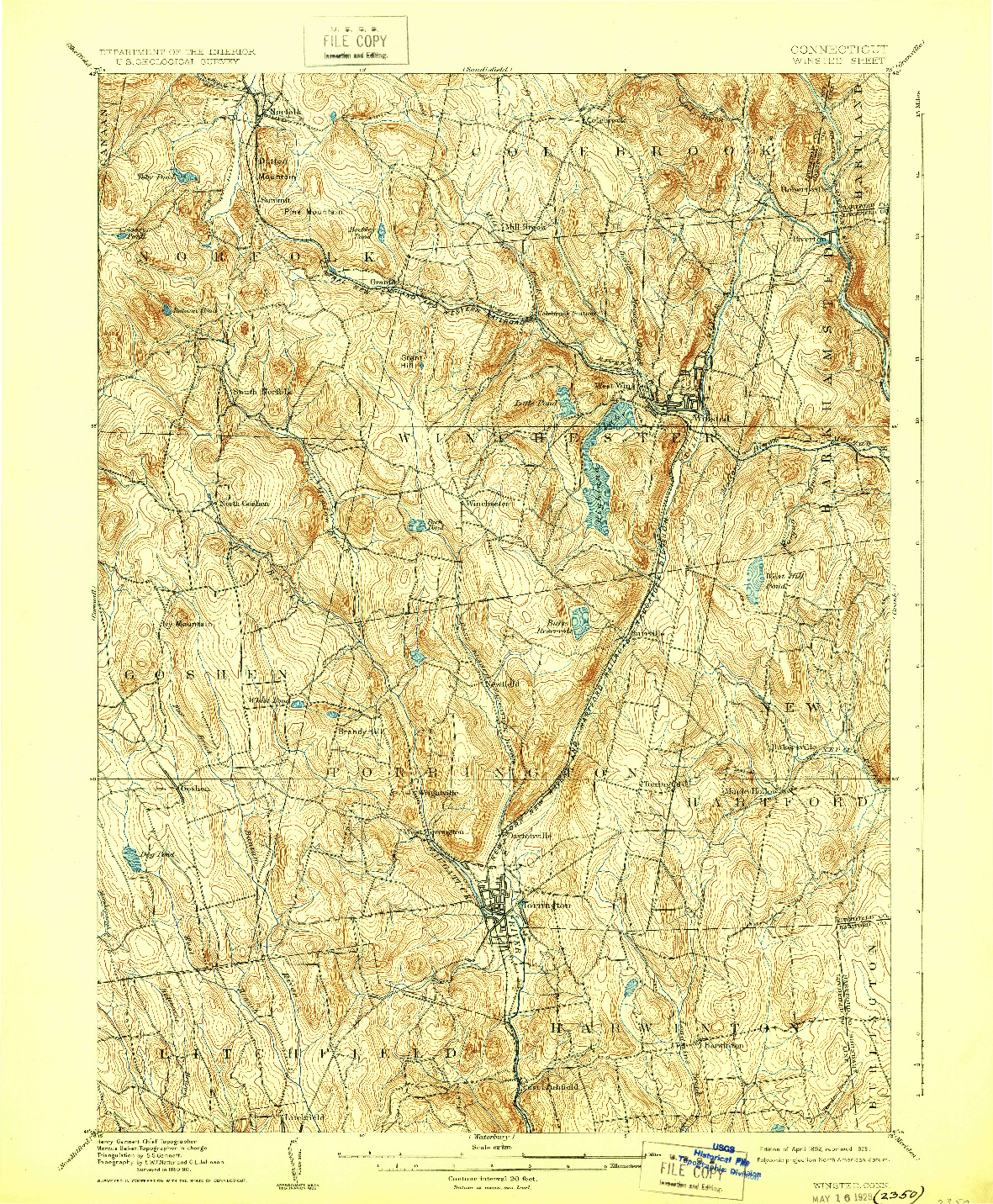 USGS 1:62500-SCALE QUADRANGLE FOR WINSTED, CT 1892