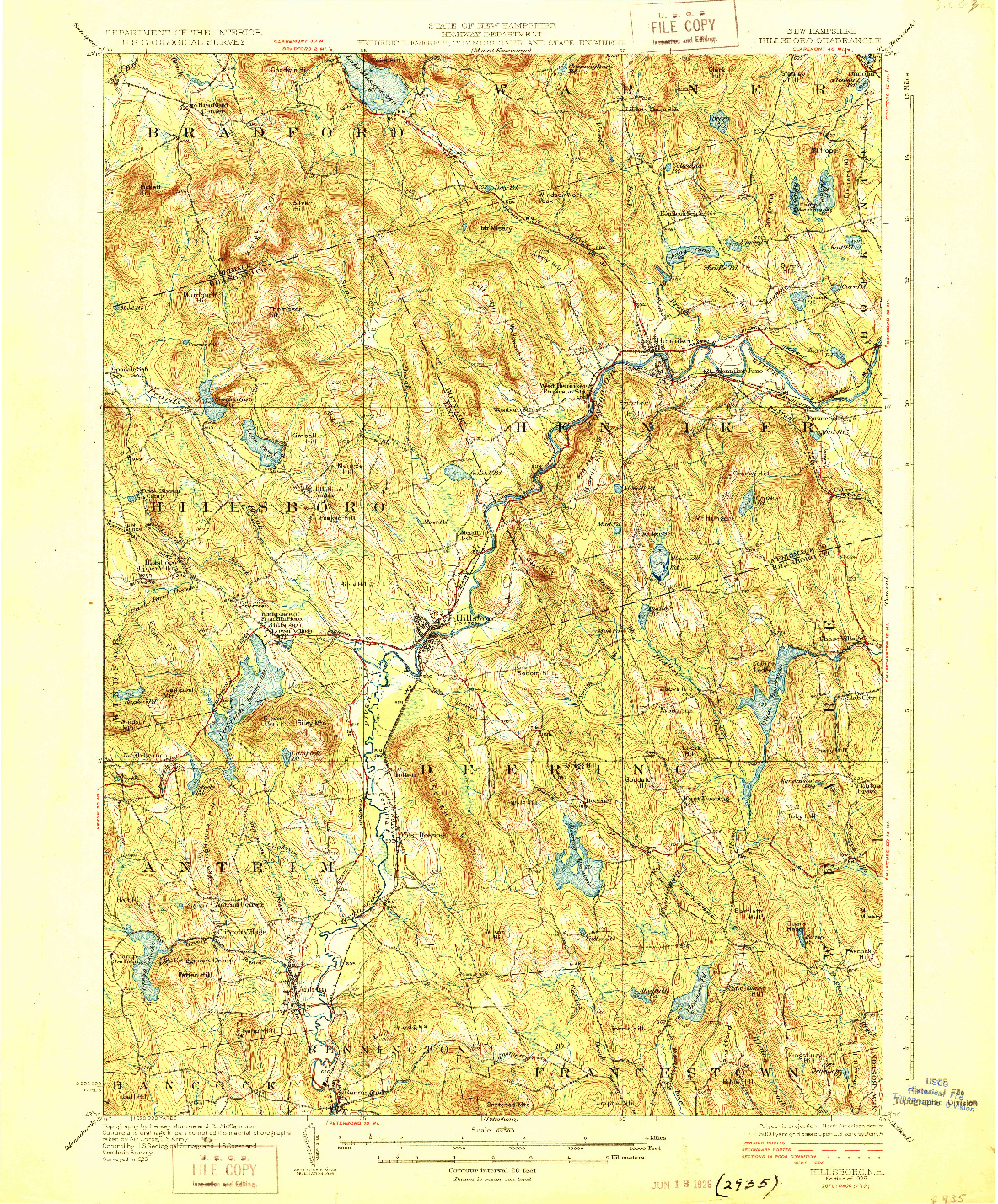 USGS 1:62500-SCALE QUADRANGLE FOR HILLSBORO, NH 1929