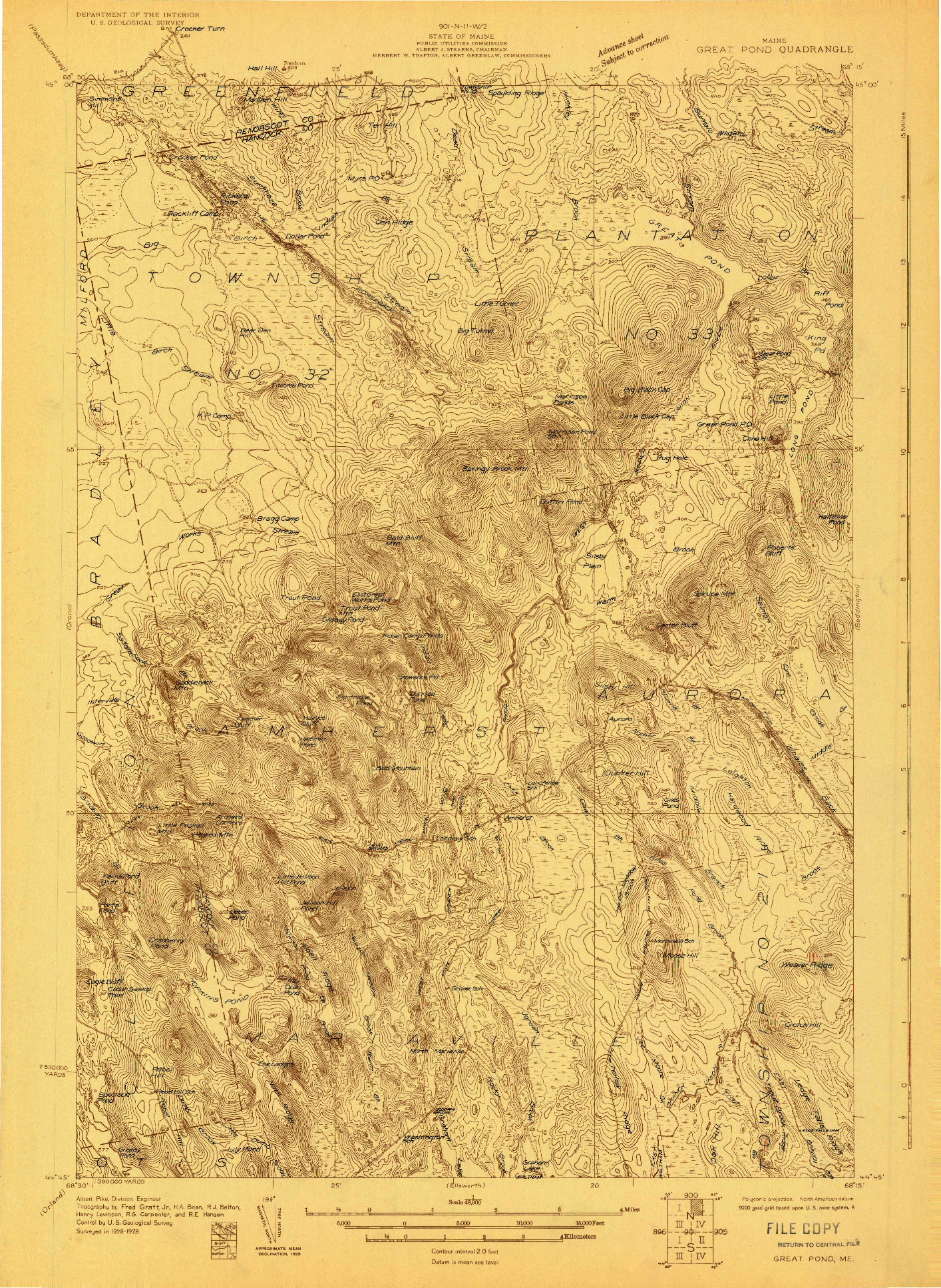 USGS 1:48000-SCALE QUADRANGLE FOR GREAT POND, ME 1929