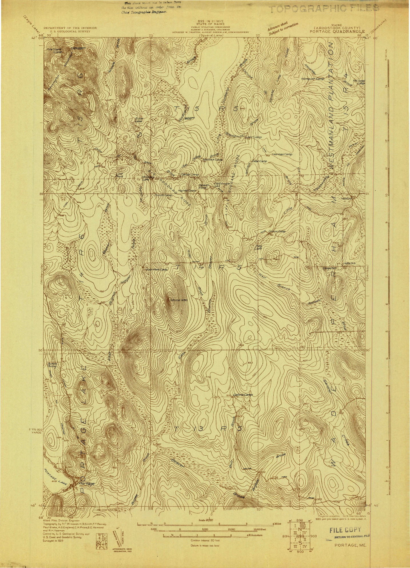 USGS 1:48000-SCALE QUADRANGLE FOR PORTAGE, ME 1929