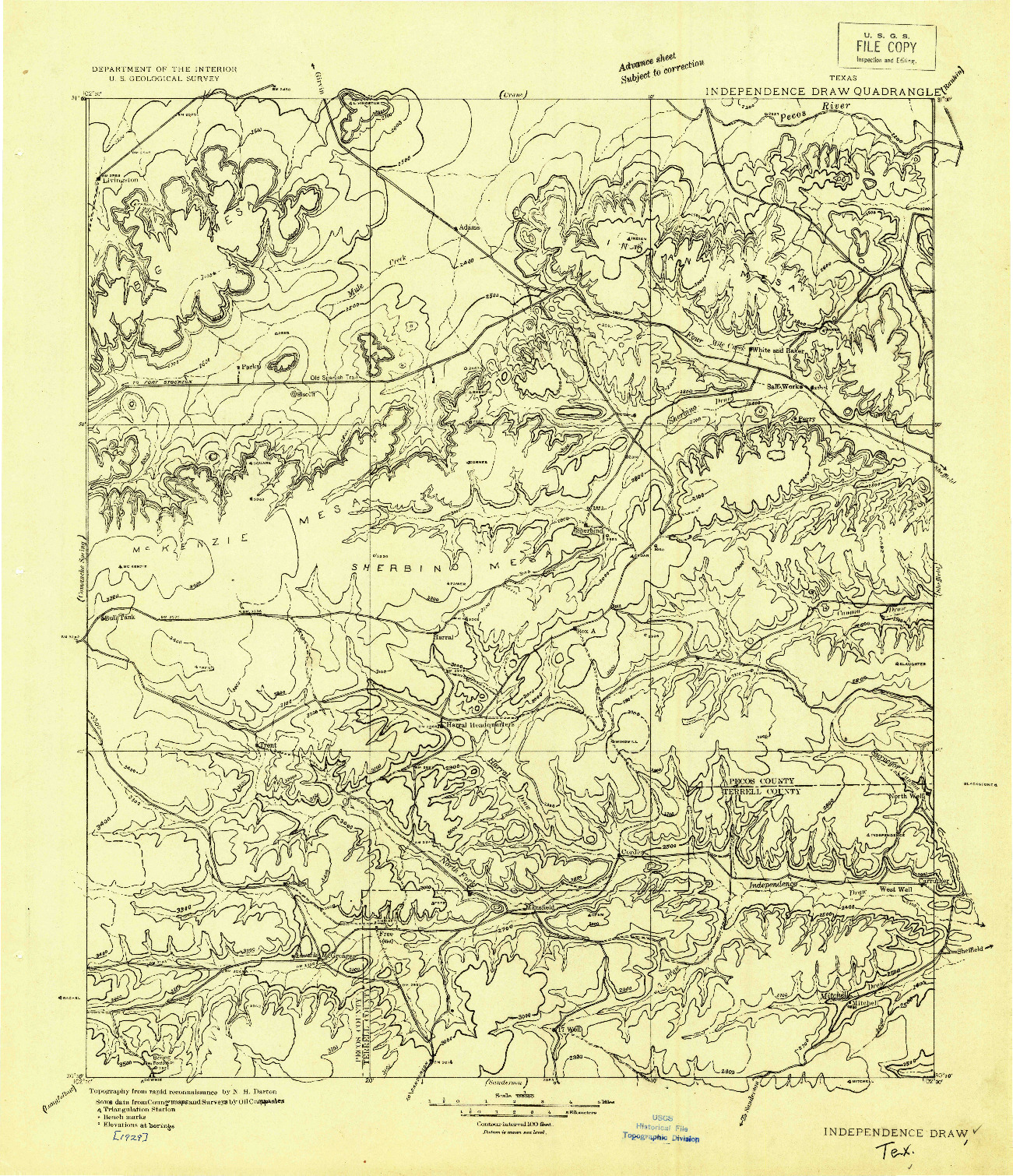 USGS 1:125000-SCALE QUADRANGLE FOR INDEPENDENCE DRAW QUADRANGLE, TX 1929