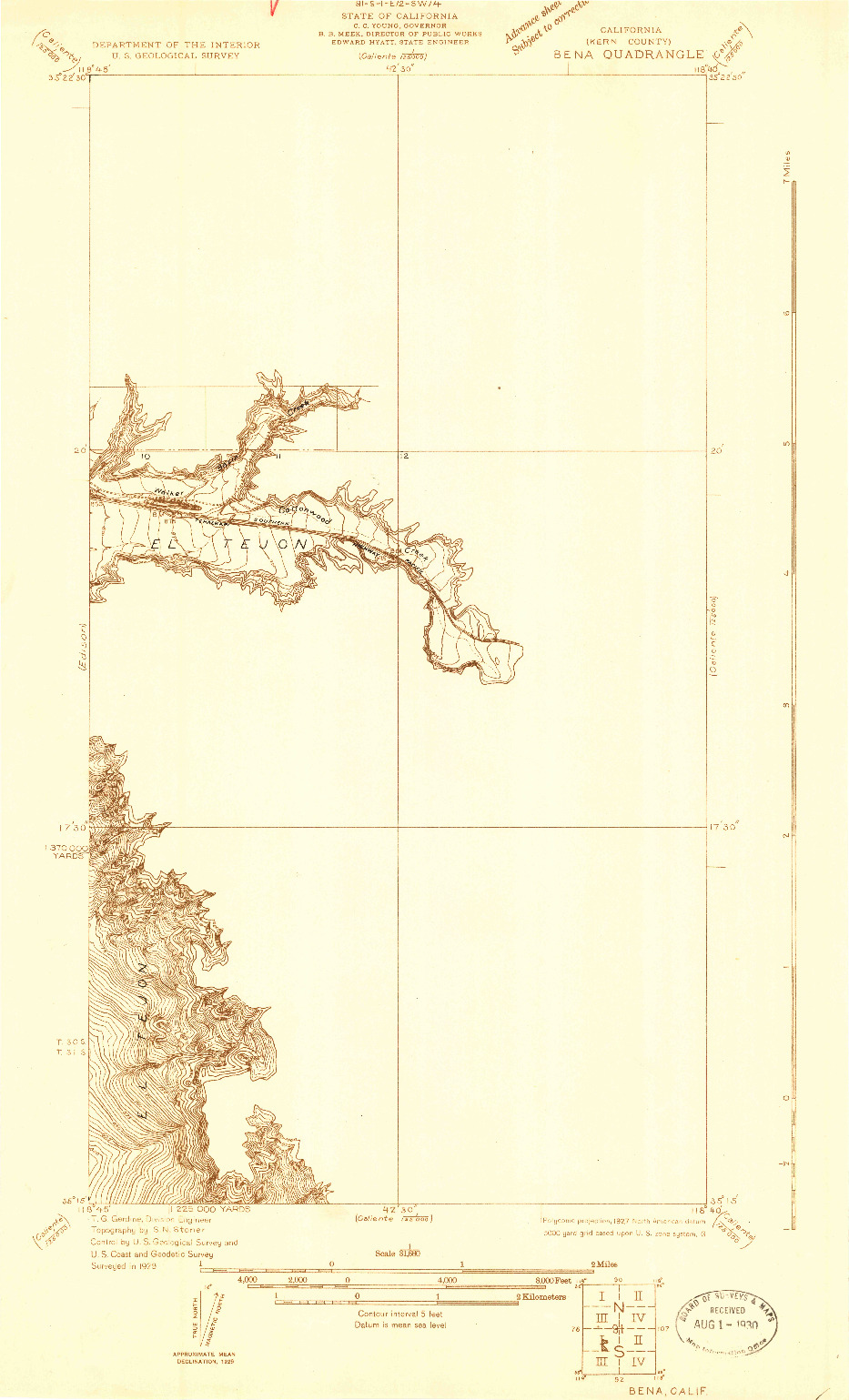 USGS 1:31680-SCALE QUADRANGLE FOR BENA, CA 1929