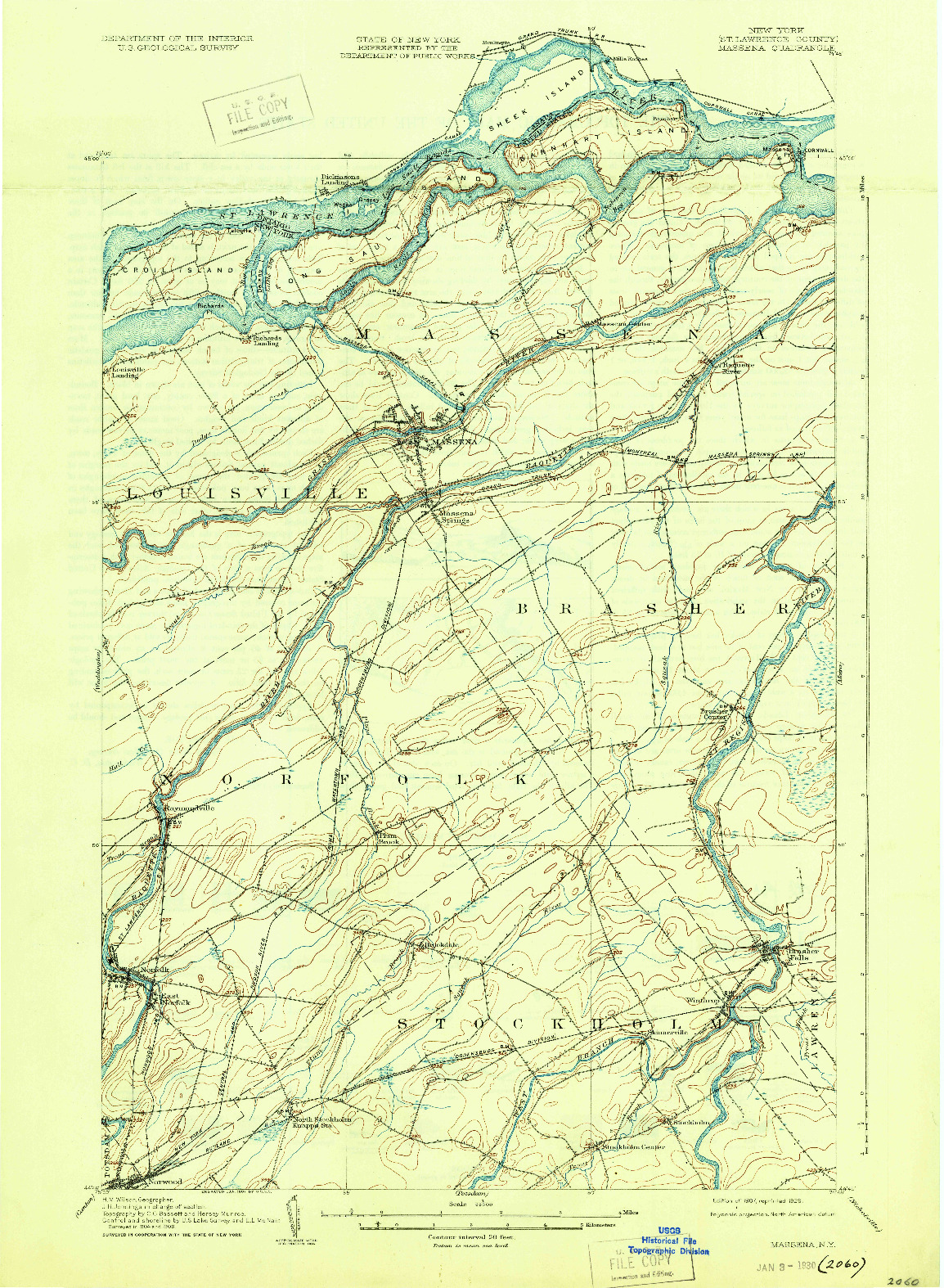 USGS 1:62500-SCALE QUADRANGLE FOR MASSENA, NY 1907