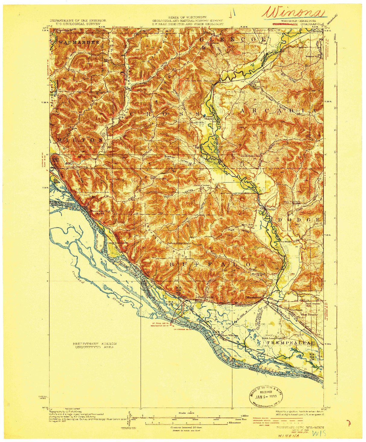 USGS 1:62500-SCALE QUADRANGLE FOR FOUNTAIN CITY, WI 1929