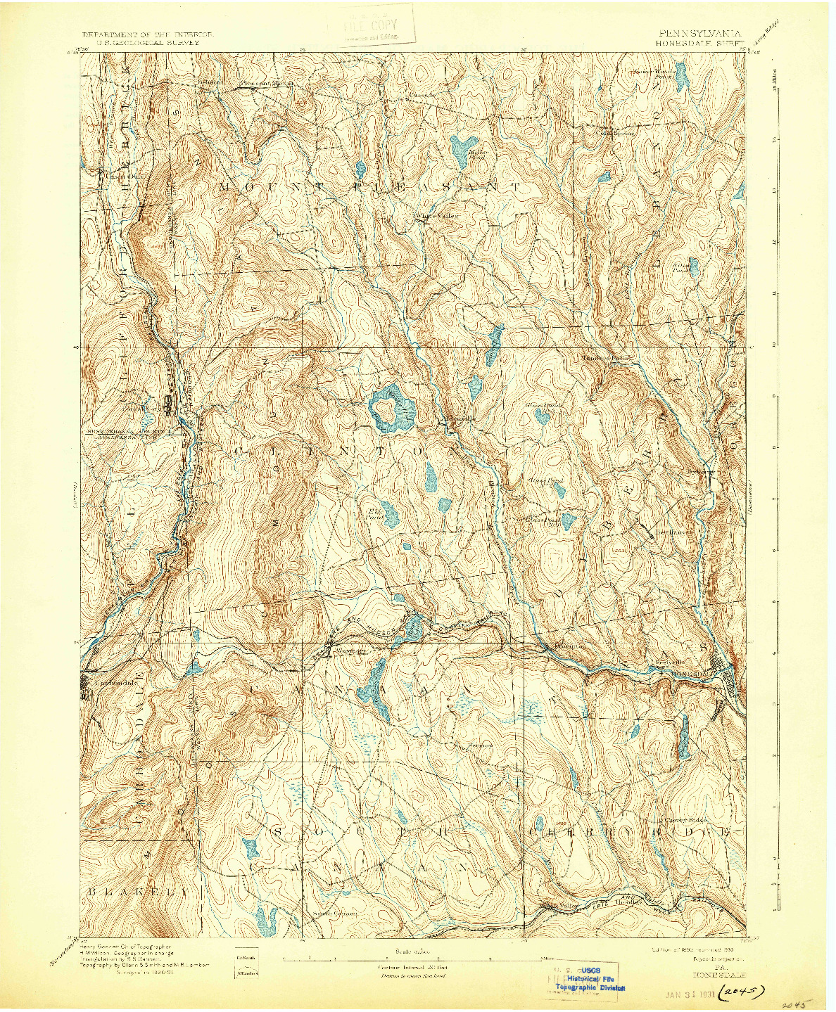 USGS 1:62500-SCALE QUADRANGLE FOR HONESDALE, PA 1892
