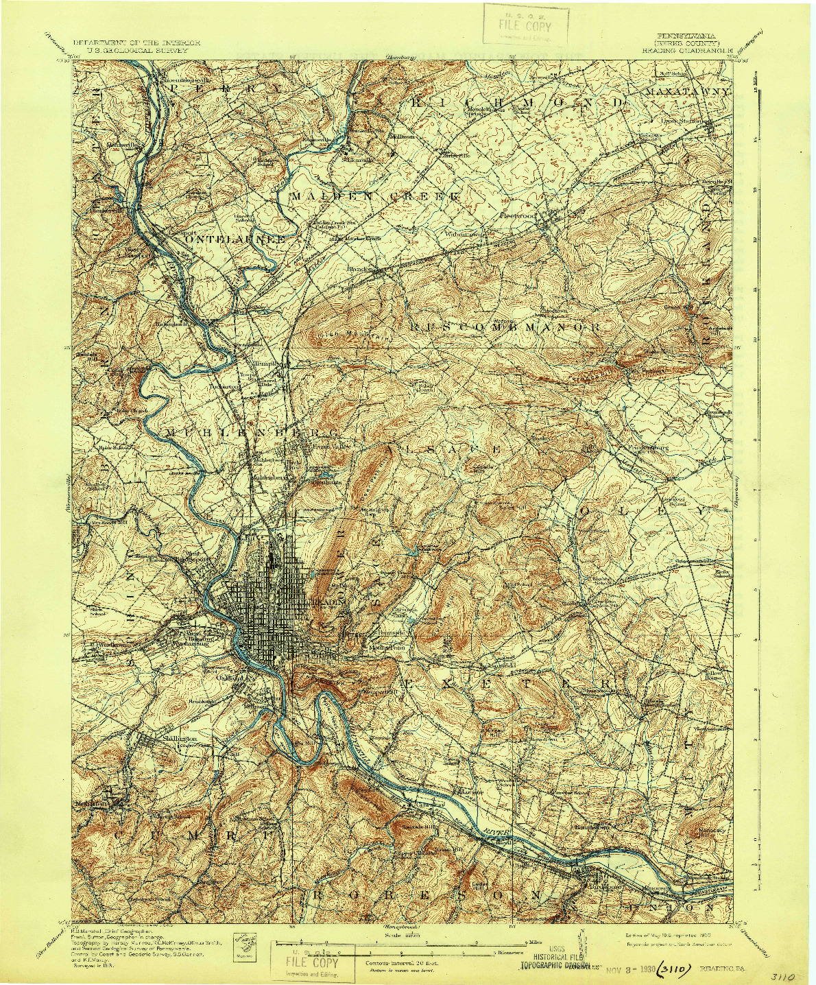 USGS 1:62500-SCALE QUADRANGLE FOR READING, PA 1915