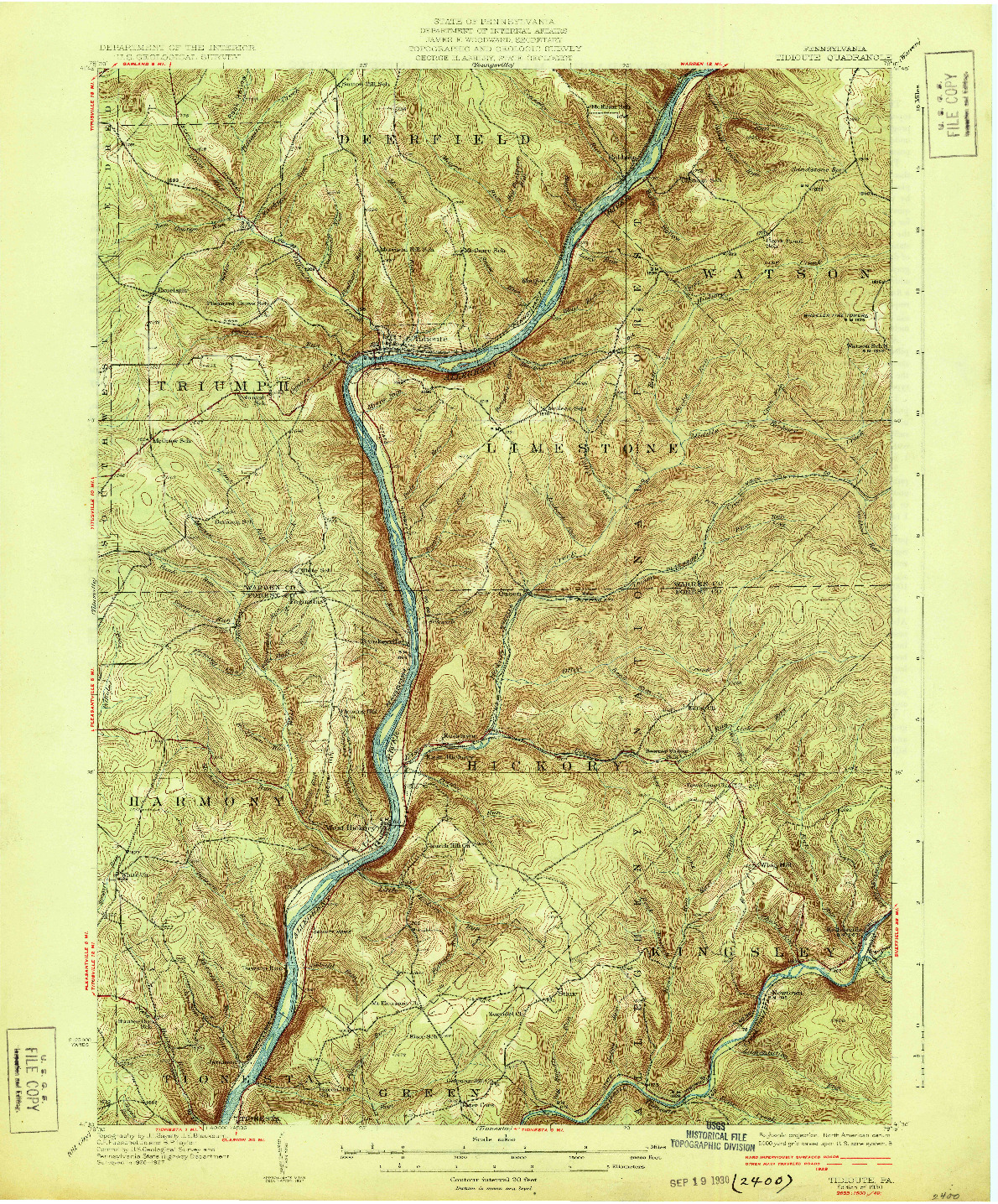 USGS 1:62500-SCALE QUADRANGLE FOR TIDIOUTE, PA 1930